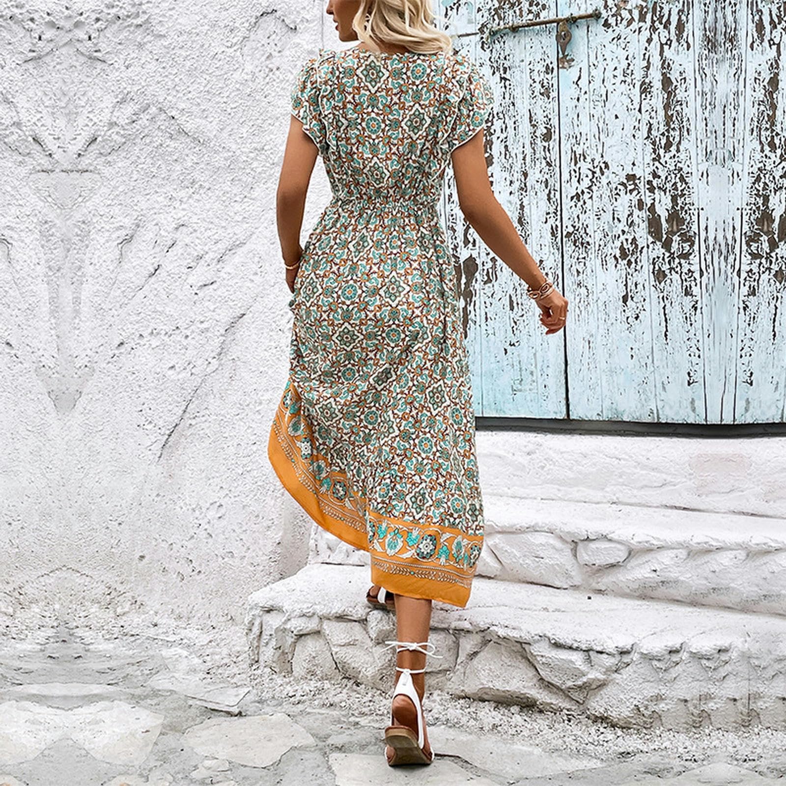 Vestido largo de verano para mujer, estilo bohemio, con estampado floral, cuello en V, manga corta, vestido midi YYEFNMAZ
