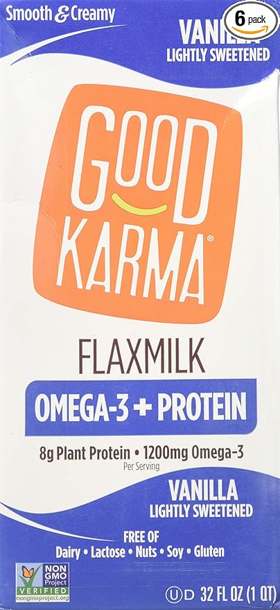 GOOD KARMA, FLAX MILK, PROTEIN, VANILLA, Pack of 6, Size 32 FZ - No Artificial Ingredients Dairy Free Gluten Free Low Sodium Vegan