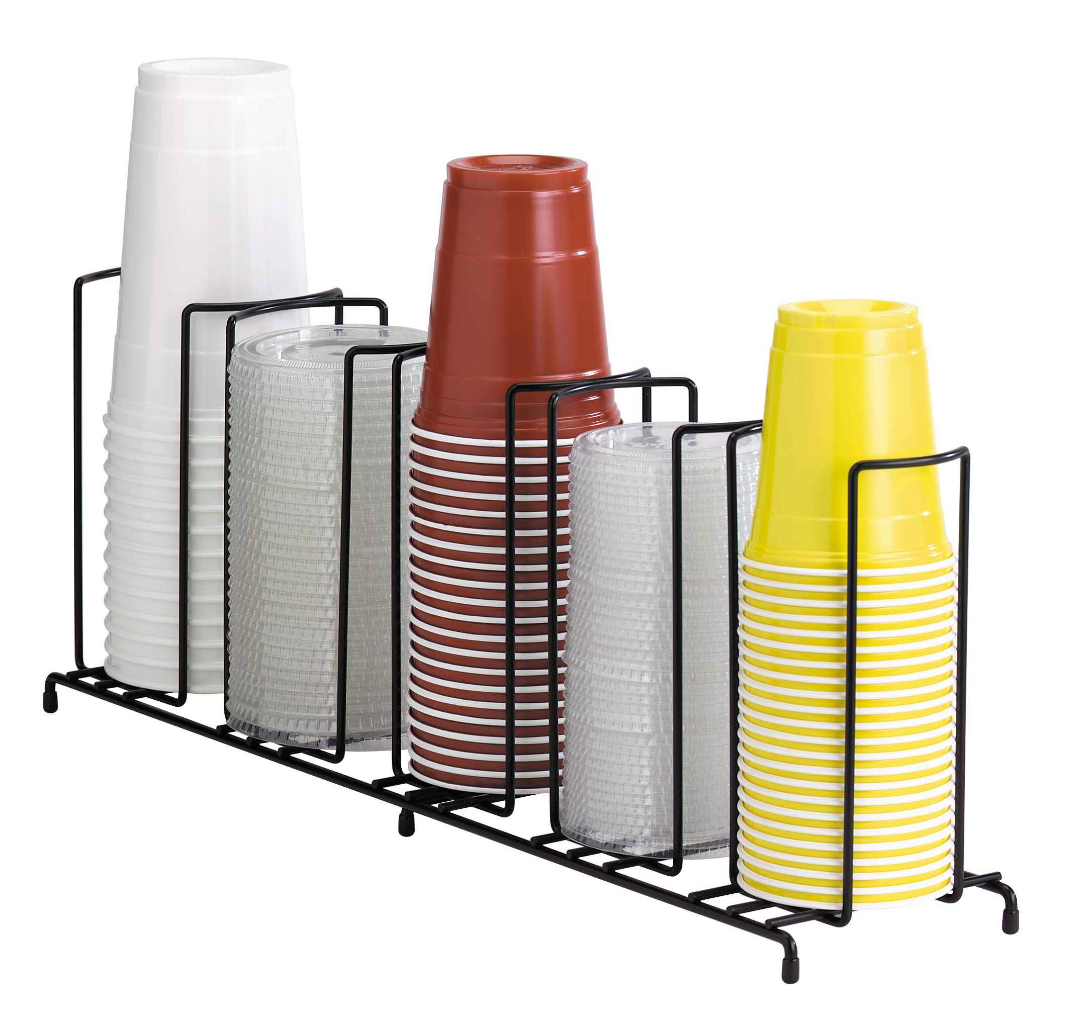 DISPENSE-RITE WR-5 Cup and Lid Organizer, Five-Section Wire Rack for 8 oz to 44 oz Cups and Lids, Reinforced Powder-Coated Steel, Compact 5" Countertop Design, Black