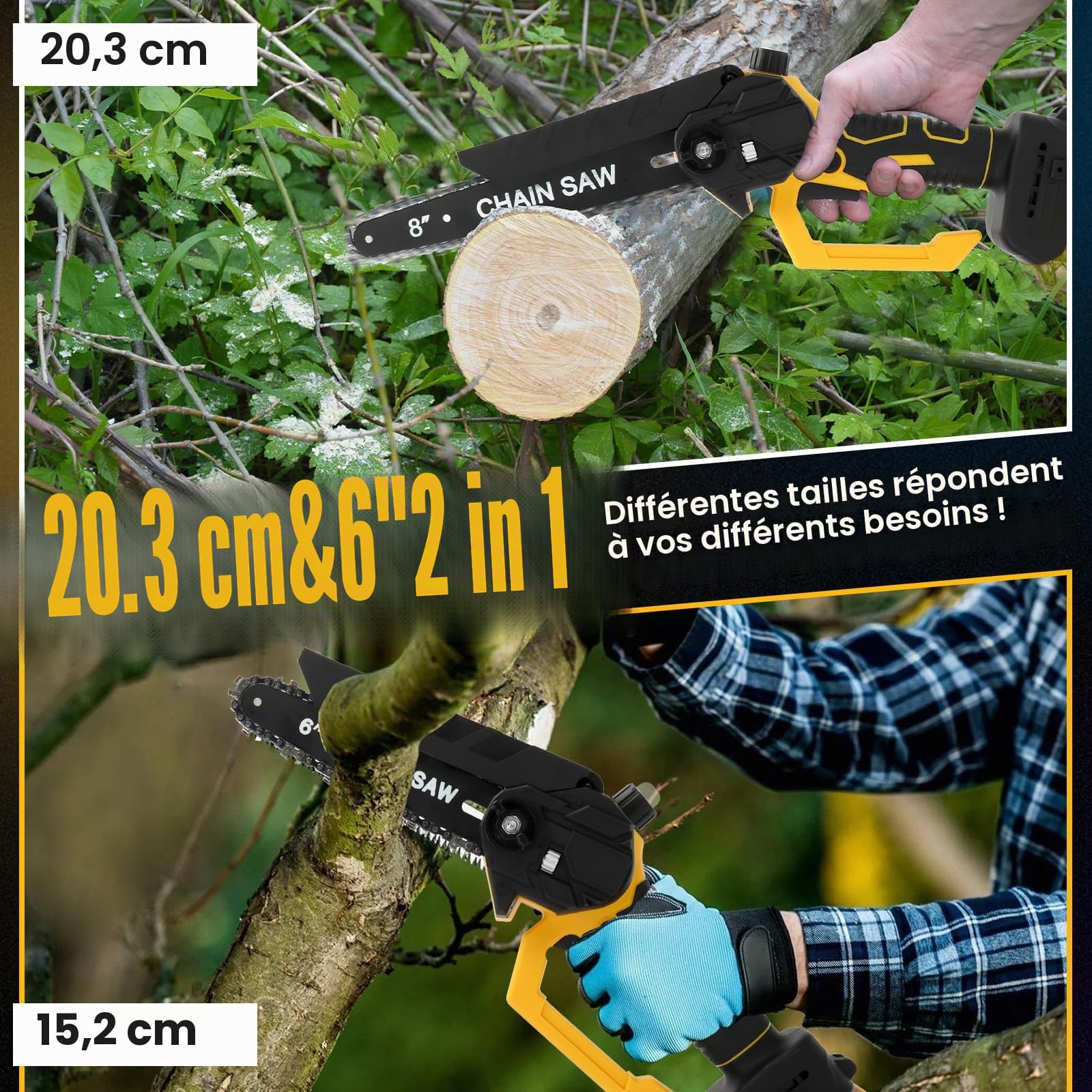 Mini Tronconneuse 8 et 6 Pouces Compatible avec Dewalt 20V Batterie, Tronçonneuse Électrique sans balais avec 4 chaînes, Lubrification Automatique, pour la Jardinage (sans batterie)