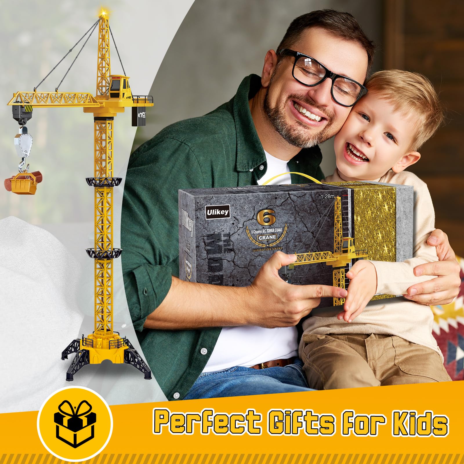 Ulikey Grúa Torre Teledirigida, 128 cm RC Grúas Torre de Construcción, 2.4GHz Gruas de Juguete de 6 Canales, Elevador Giratorio de 680, con Luces y Sonidos, Regalos para Niños de 3 a 10 Años