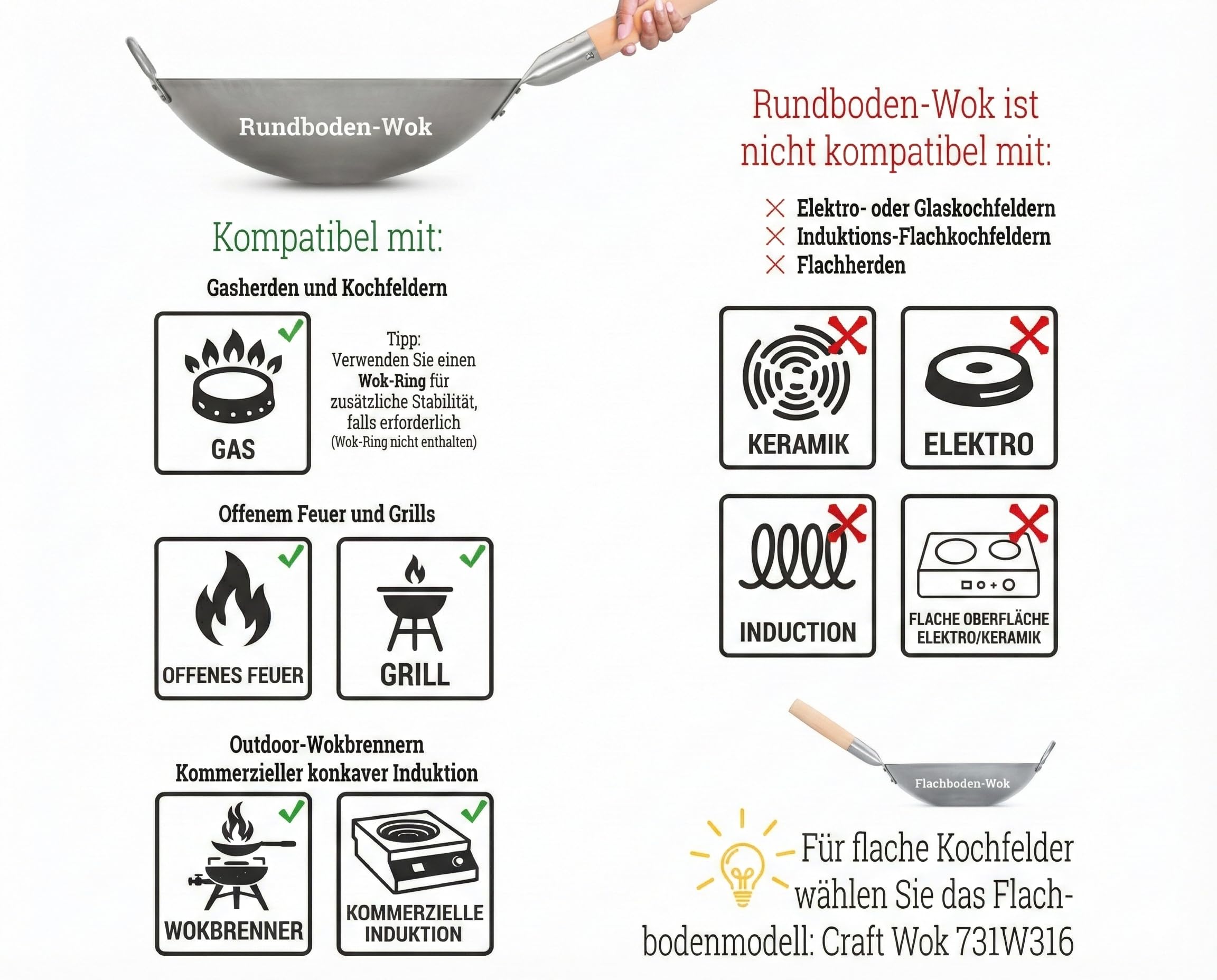 Craft Wok Traditioneller handgehämmerter Wok aus Karbonstahl mit Griff aus Holz und Stahl (Durchmesser 35,6 cm, Rundboden)/731W88