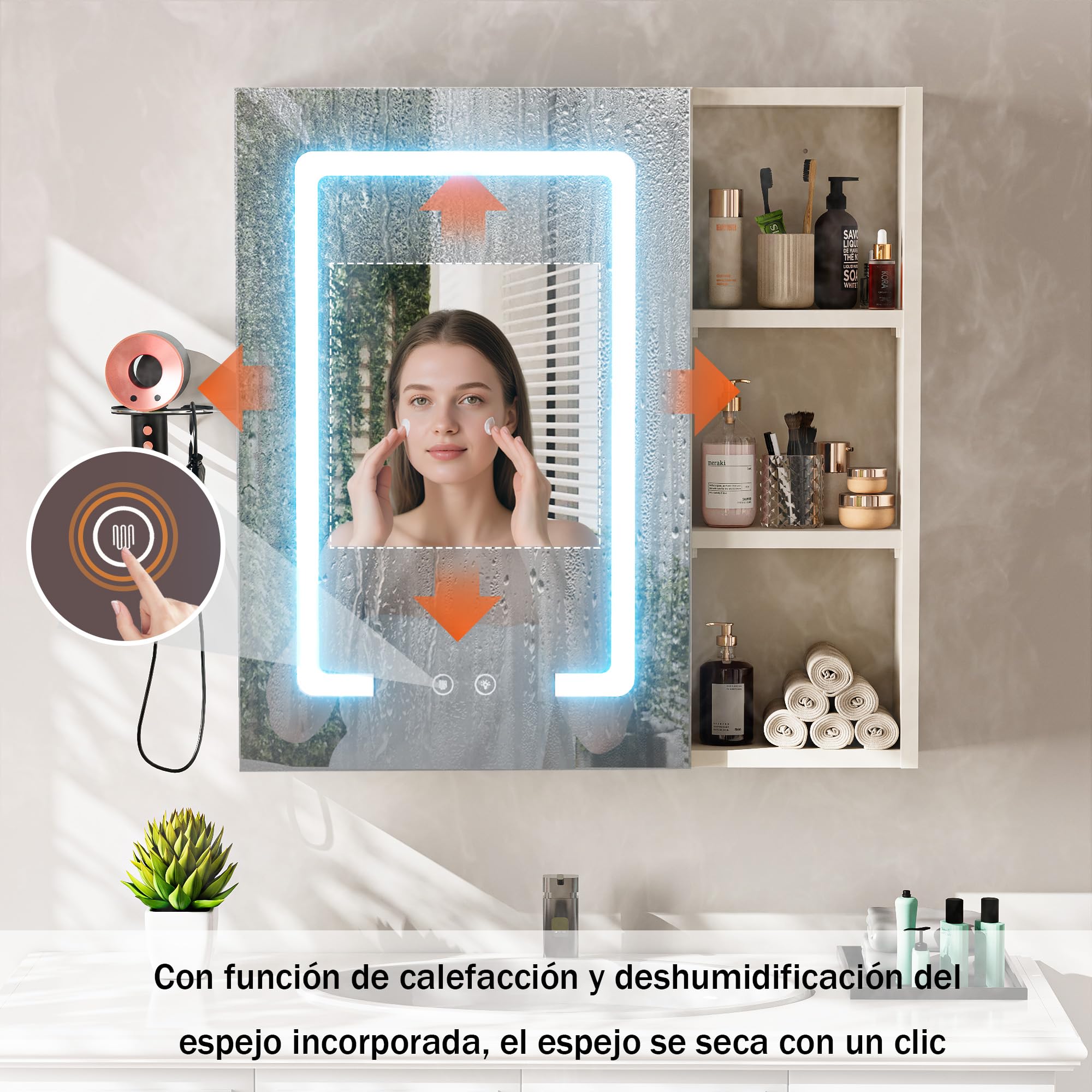 Armario Baño con Espejo LED iluminación y Función de desempañadora Armario Baño Espejo de Pared con 3 Estanteria Ajustables y Soporte para Secador de Pelo 60x60x15 cm Blanco