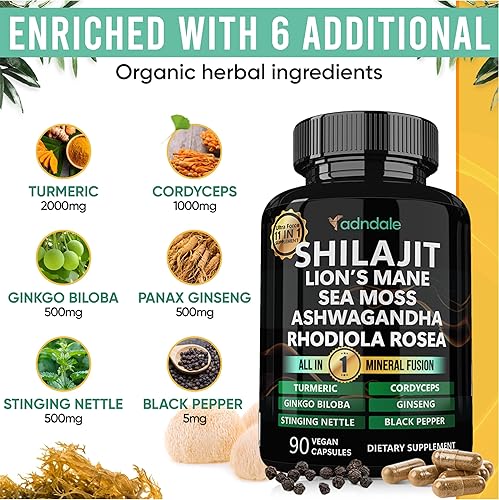 Miniatura 3 de Adndale Shilajit para hombres y mujeres. Cápsulas puras de Shilajit orgánicas del Himalaya con musgo marino Ashwagandha Rhodiola Rosea melena de