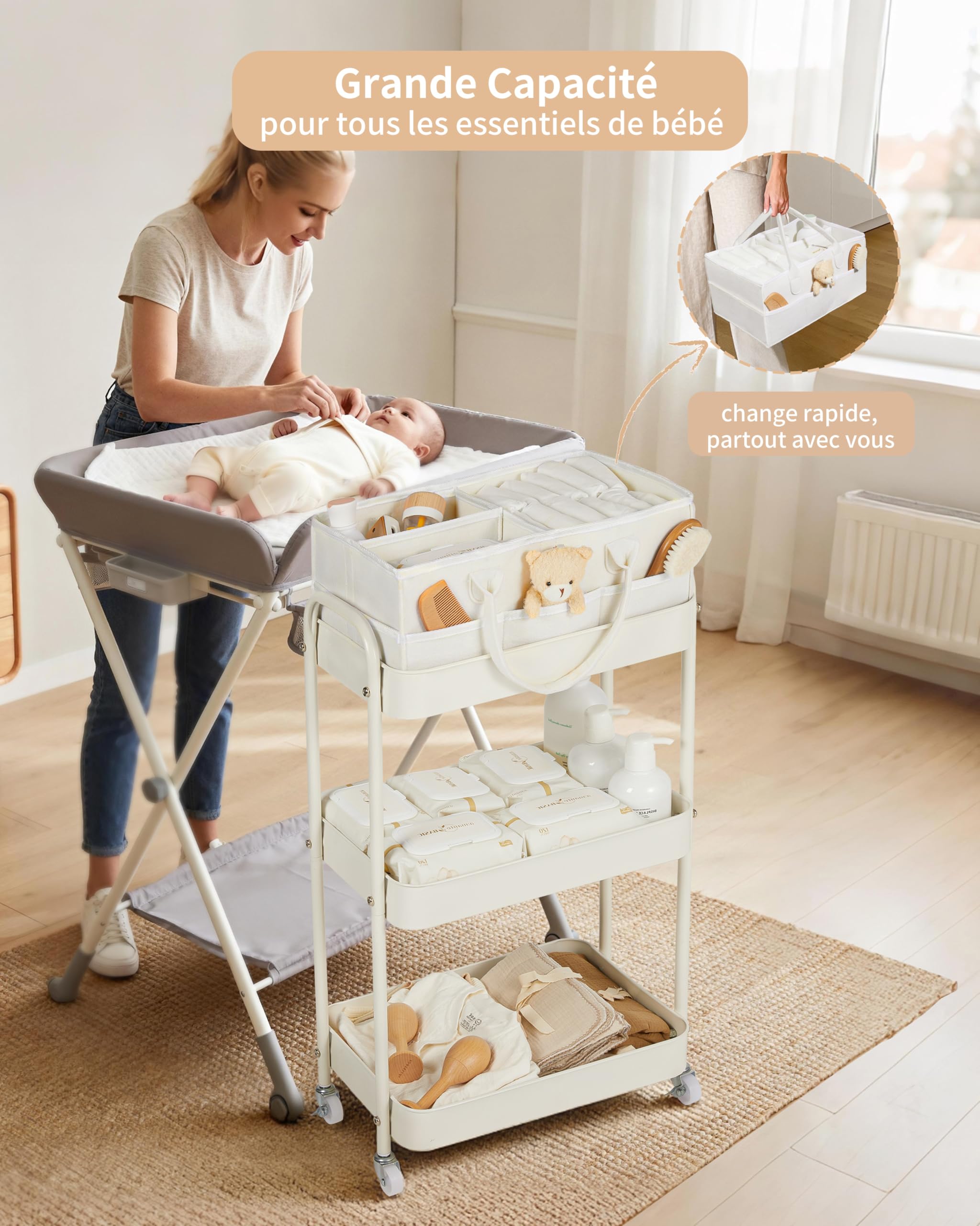 Fortella Desserte à Roulettes avec Panier Rangement Bébé, Chariot de Rangement 3 Niveaux, Sac a Langer Bebe Portable, rangement Table a Langer Bebe, Organisateur Cuisine Chambre, Salle de Bain (Beige)