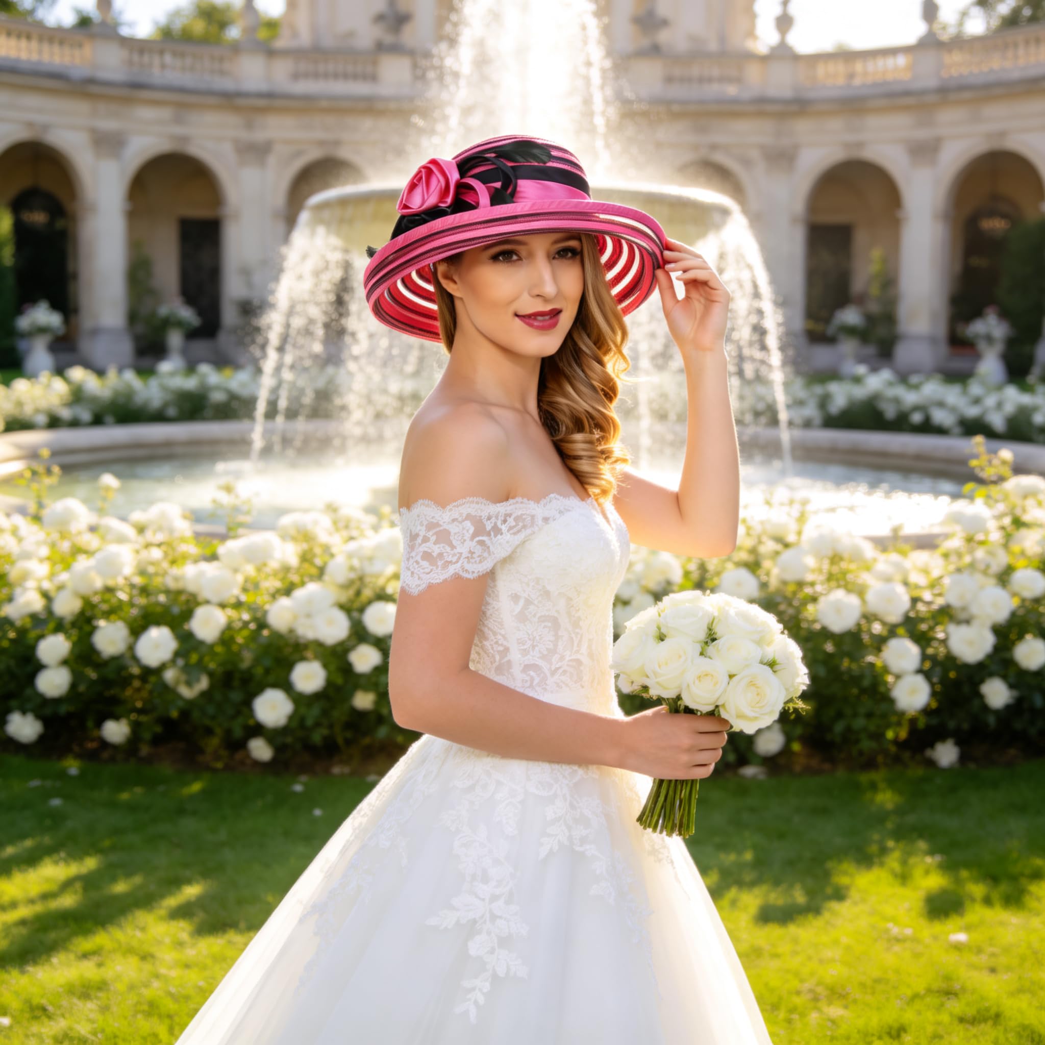 Ruphedy Chapeau de Soleil Kentucky en Satin pour Femme Motif église de Style Derby Mariage Bord Large - - Taille M