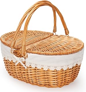 ZORMY Vintage Wicker Picnic Basket for 2 with Removable Liner, Double Folding Handles & Lid - Cream Picnic Hamper