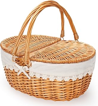 Wicker Picnic Basket with Removable Liner, Empty Picnic Baskets with Lid, Vintage-Style Picnic Hamper with Folding Woven Handle for Picnic, Camping, Outdoor, Halloween, Thanks Giving, Birthday Cream