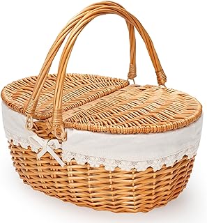 Wicker Picnic Basket with Removable Liner, Empty Picnic Baskets with Lid...