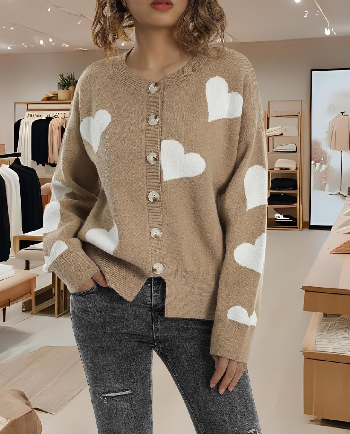 Women's Oversized Knit Cardigan - Cute Flower Pattern Loose Long Sleeve Round Neck Sweater for Autumn Winter - Image 4