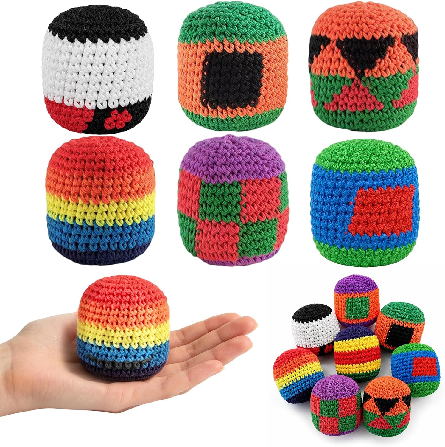 6PCS 2026 Upgraded Handmade Knitted Footbag,Multicolored Geometric Crochet Juggling Balls,Soft Cotton Ready-to-Use Footbags for Adults Beginners Outdoor Leisure Play(Random Color)
