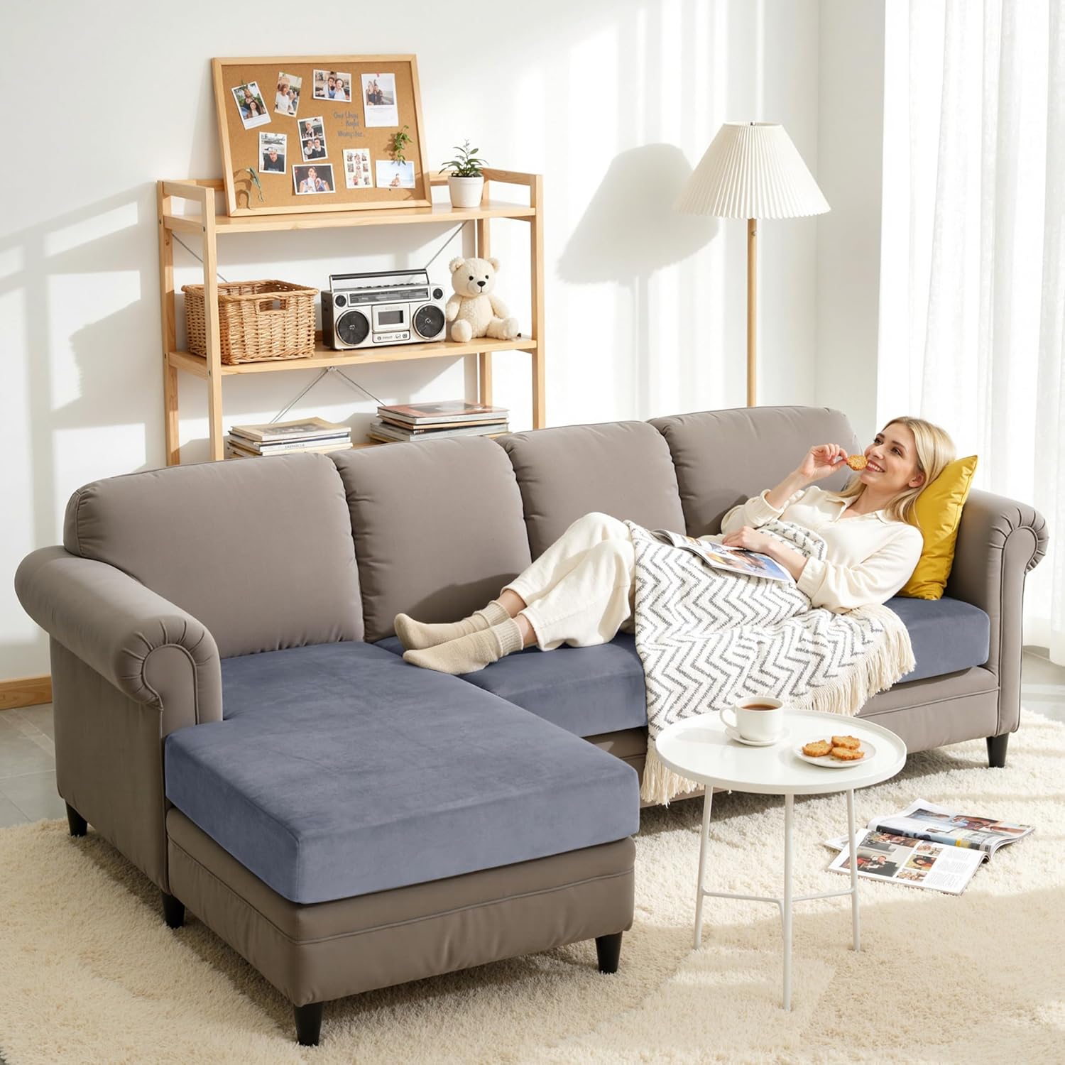 CHUN YI Velvet Couch Cushion Covers, 4 PC Water Resistant Sectional Couch Covers for L Shape Sofa, Individual Seat Cushion Protector for Pets (3 Seater + 1 Chaise, Grey)