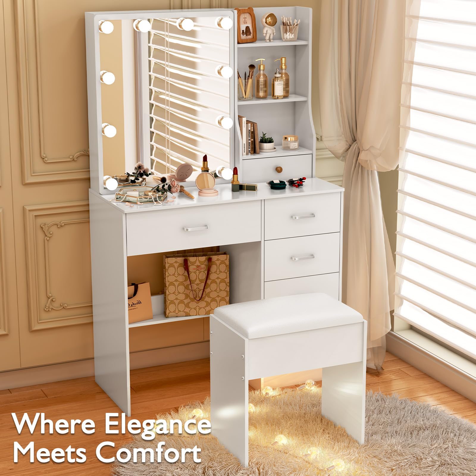 Taburete de Tocador Moderno para Dormitorio, 43 x 40 x 24 cm, Blanco