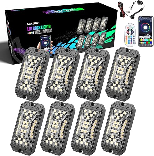 SUNPIE 8 cápsulas RGBW Rock Lights, ángulo de haz completo, 30 chips de alta potencia, metal de aluminio, incluye almohadillas de montaje, IP67