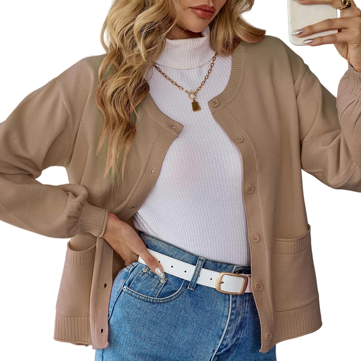 HOTIAN Womens Cardigan Sweater Knit Button Down Crew Neck Long Sleeve Tops Fall Winter