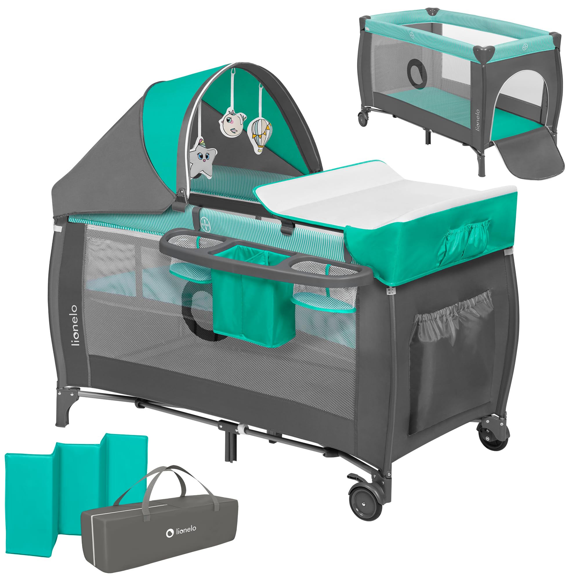 lionelo Sven Plus Cuna de Viaje para bebés 0-36M para niños hasta 15 kg Función de Cambiador Mosquitero Apertura Lateral con Cremallera Ajuste de Altura (Gris y Turquesa) | Cambiador, mosquitera, entrada lateral con cremallera y altura regulable