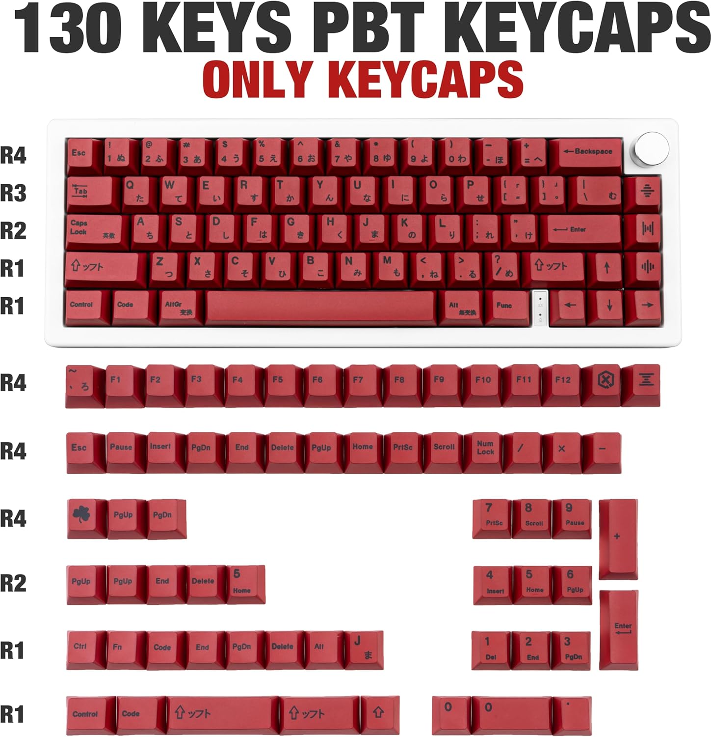 140 Keys PBT Japanese Keycaps Cherry Profile Key Caps DYE-Sub Red Keycap Minimalist Style Customized Keycaps Set Compatible with Cherry MX Switches Mechanical Keyboards