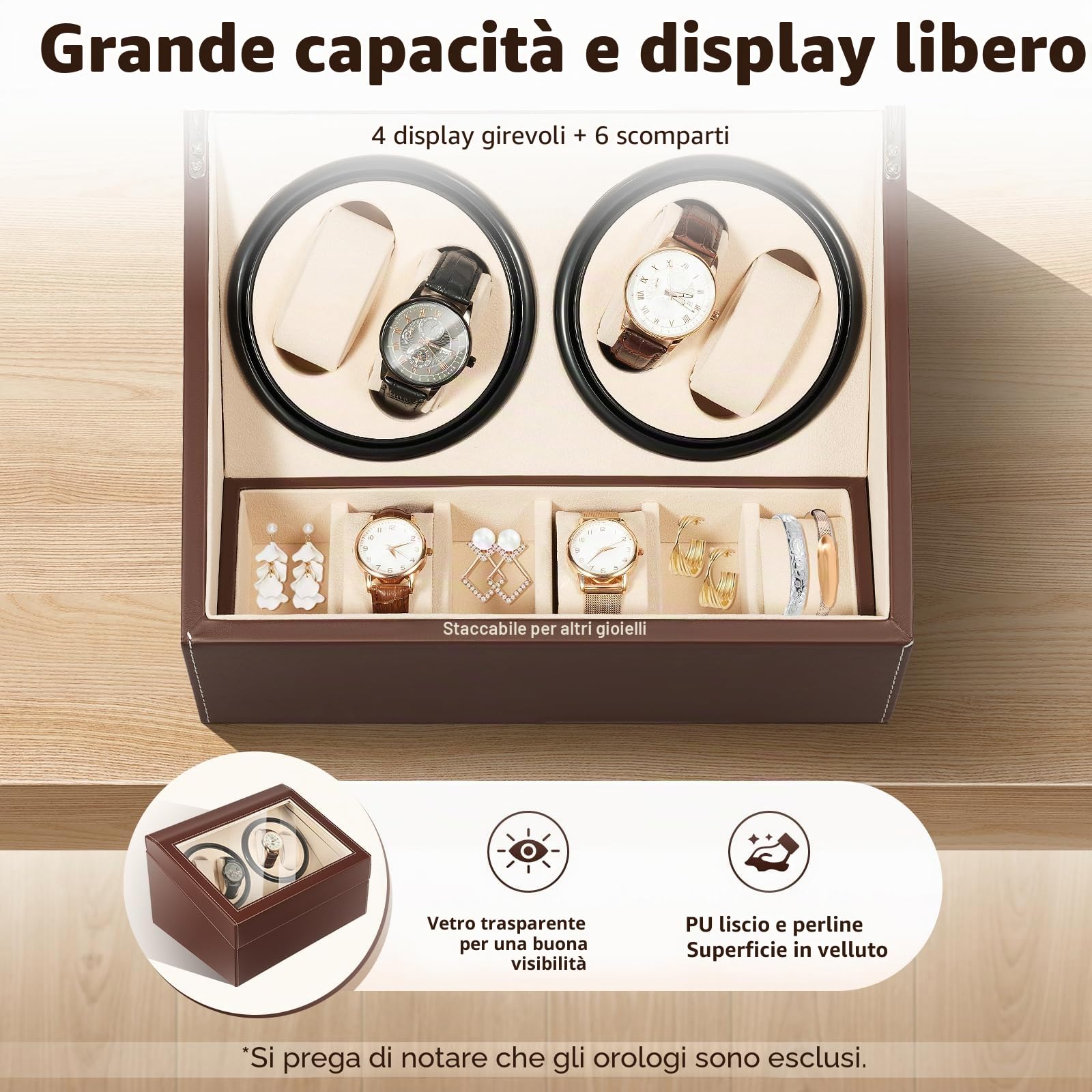 Scatola di carica-orologi automatica, per 4 orologi automatici + 6 griglie, silenziosa (marrone), Nero , Moderno