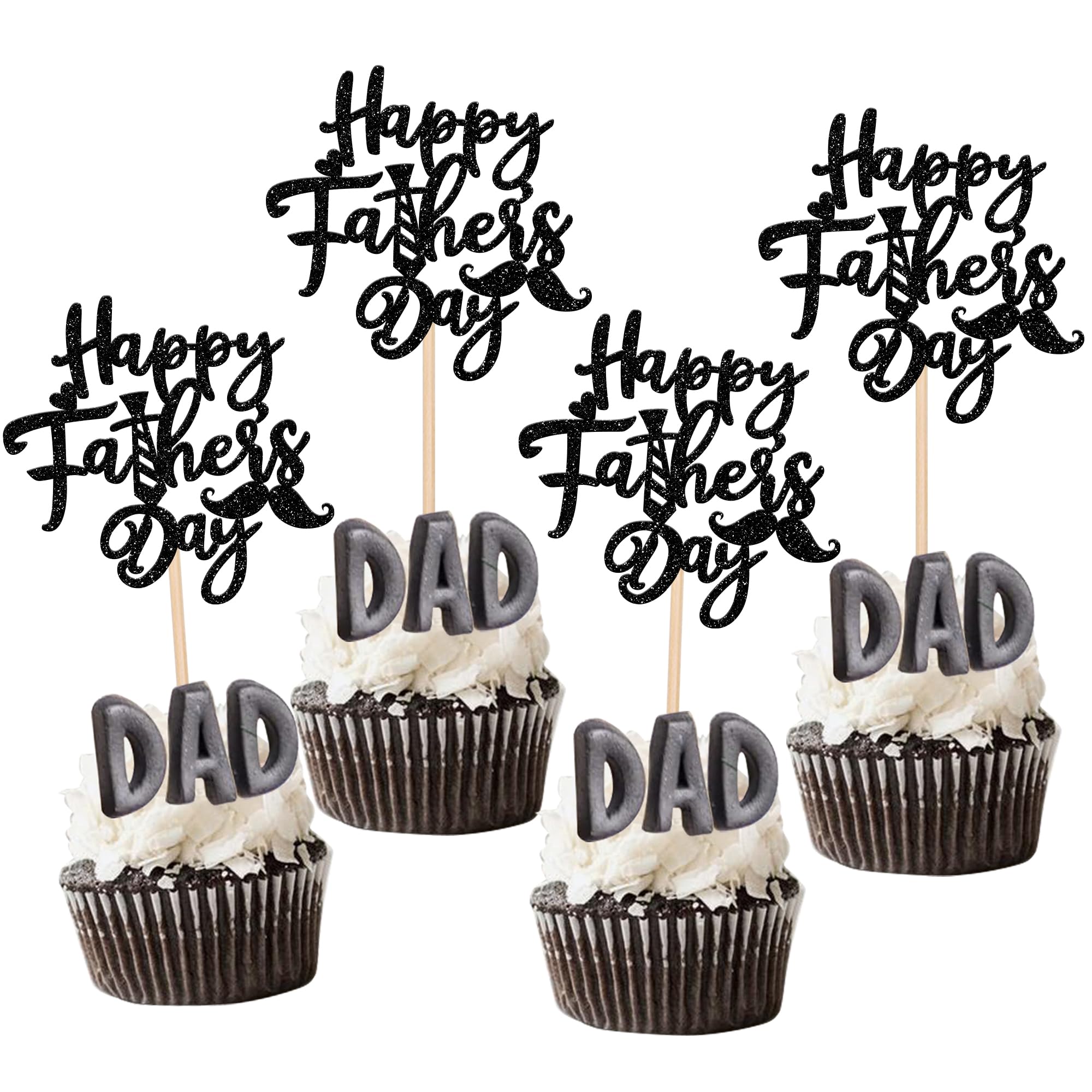 24 PCS Happy Father's Day Cupcake Toppers with Glitter Moustache Tie Love Father Best Dad Cupcake Picks for Happy Father's Day Theme Men Birthday