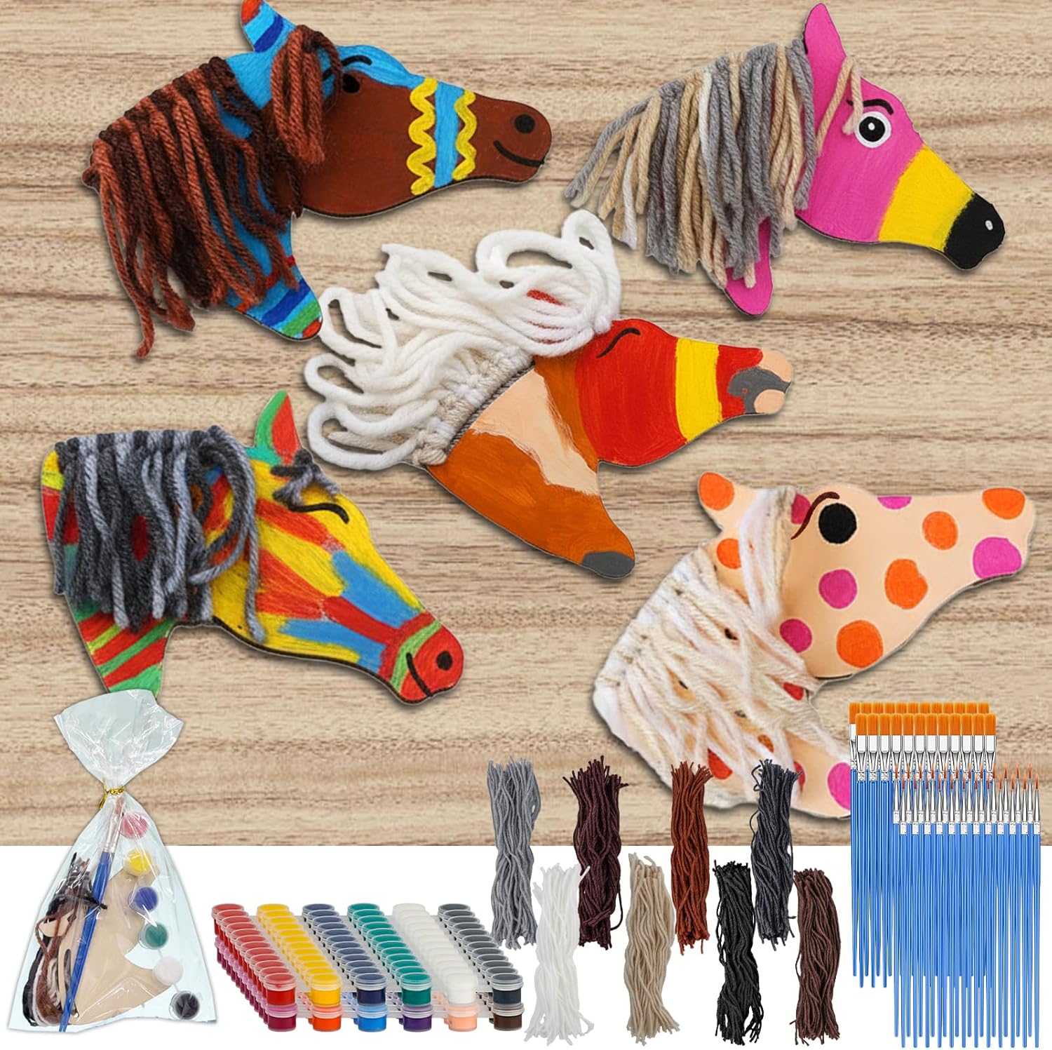 BGick Horse Party Favors Birthday Supplies，24 Pcs Wooden Horse Craft Painting Kit，Unicorn Ornament，DIY Cowboy Craft Gift Tags，Unfinished Wooden Cutouts(25 Gift Bags + 48 paintbrushes)