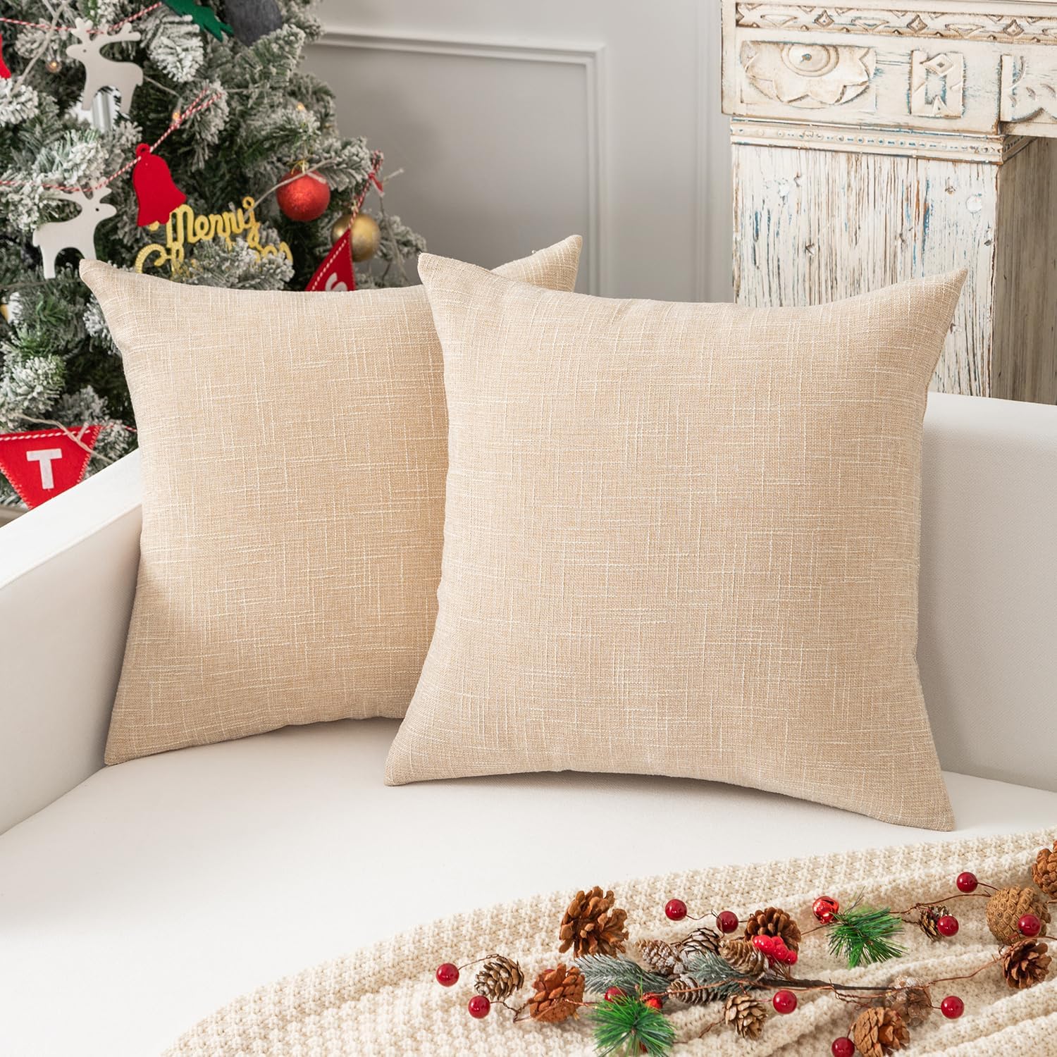 Kevin Textile Farmhouse Faux Linen Decorative Throw Pillow Case Cushion Cover Pillowcase for Sofa 20 x 20 Inch/50cm x 50cm, Set of 2, Cream Beige 20" x 20" Cream Beige