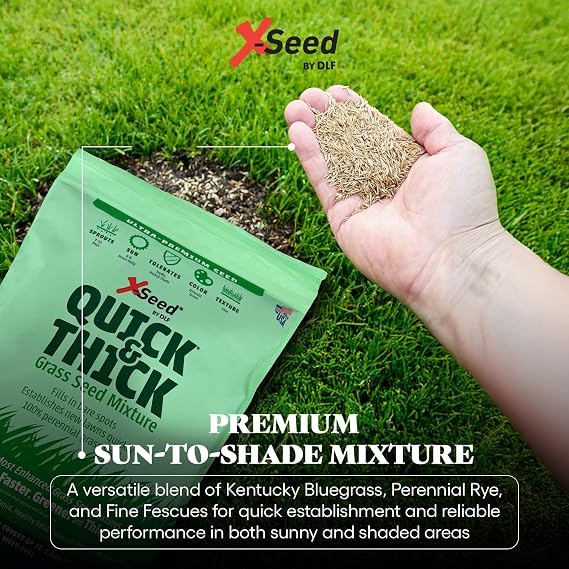X-Seed Ultra Premium Quick and Thick Lawn Seed Mixture Rapid Germination for Any Lawn, Dense Coverage in Sun to Shade, High-Traffic Areas, Fescue, Kentucky Blue, Perennial Ryegrass Blend, 3lb Bag