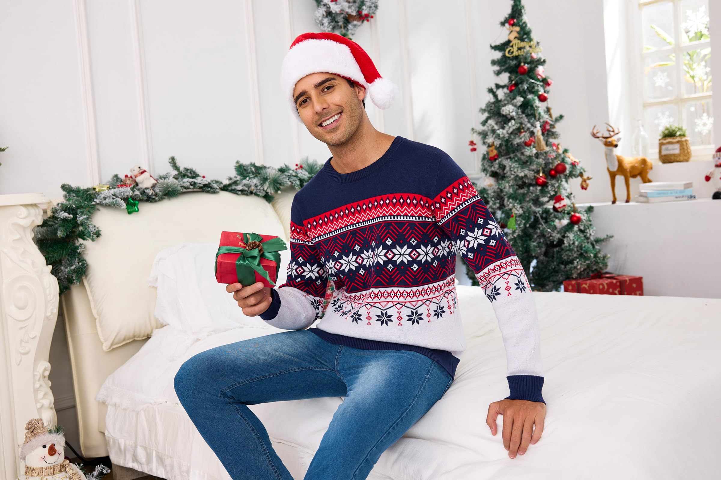 Maglione Natalizio Uomo Maniche Lunghe Girocollo Motivo Renna | Tessuto Morbido, Maniche Lunghe, Lavorazione a Maglia, Calore Confortevole, Vestibilità Regolare, Autunno e Inverno
