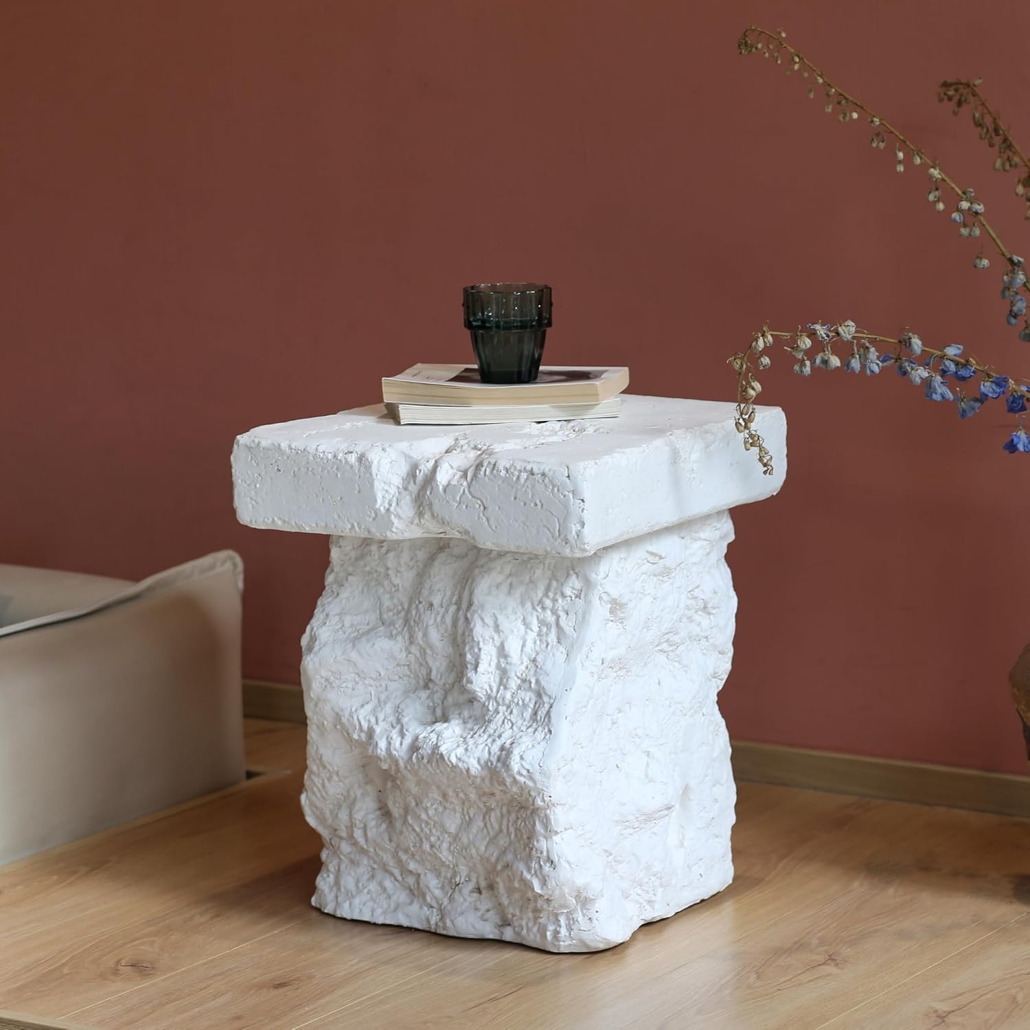 Christopher Knight Home Nataly 18.75" H Small Outdoor Side Table, Carved Garden Stool with Stone Block Shape, Lightweight Concrete End Table, Patio Decorative Home Stool for Balcony Backyard, White