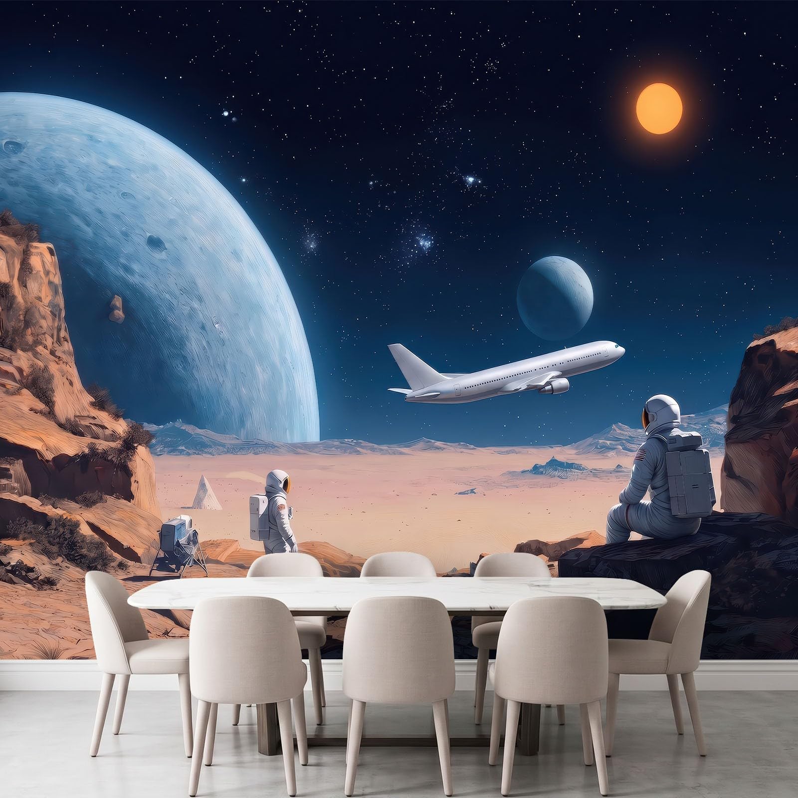 Eksploracja kosmosu fototapeta 350 szer. x 256 cm wysokości, nowoczesna sci-fi skała astronauta samolot wodoodporna tapeta mural - brązowa sztuka ścienna do sypialni przedszkola kominka salonu