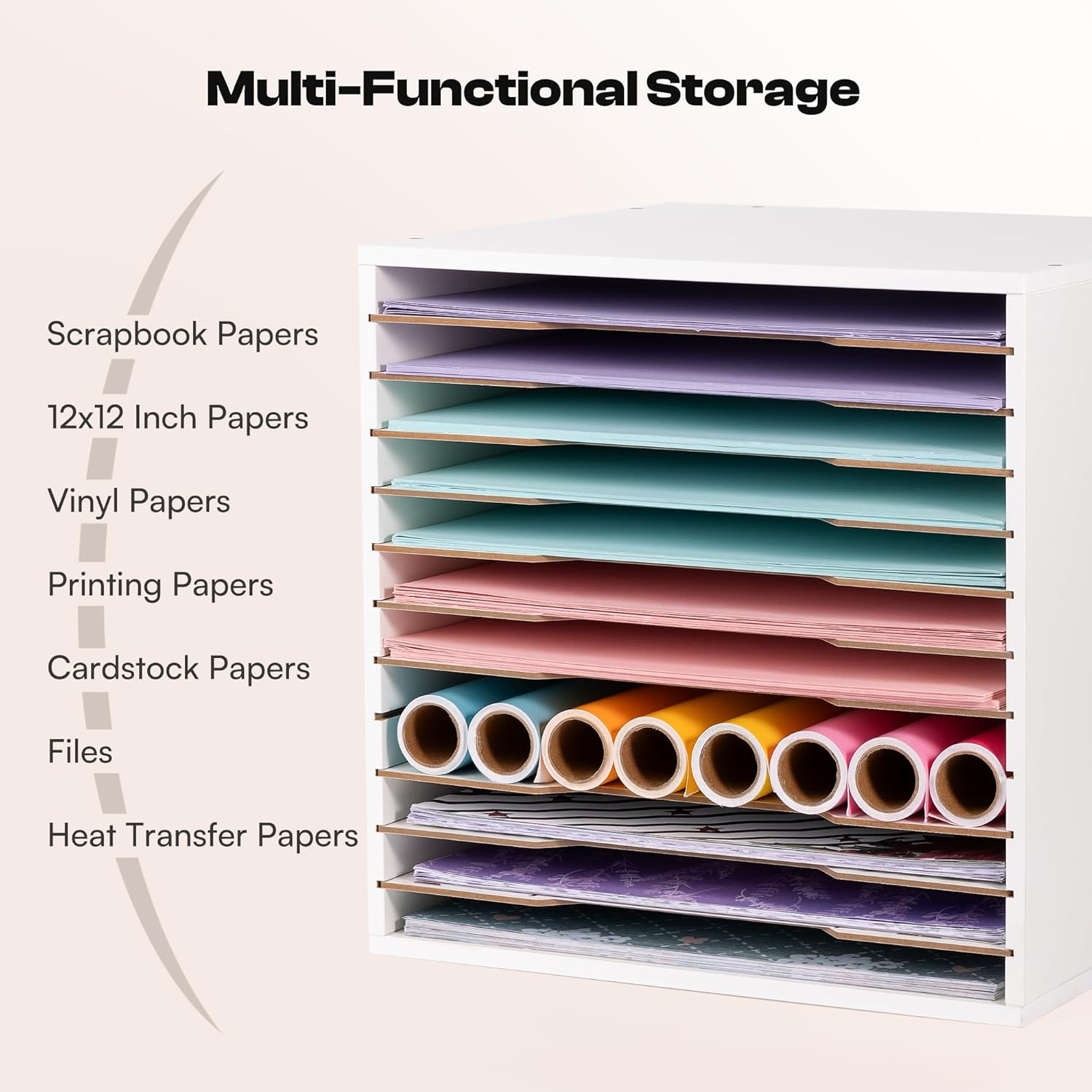 Caydo 12x12 Paper Storage Organizer for 13" Cube Cabinet, 12 Slot Paper Organizer with Adjustable Shelves Shelf Holder for Scrapbooks, Cardstock for Craft Home Desk