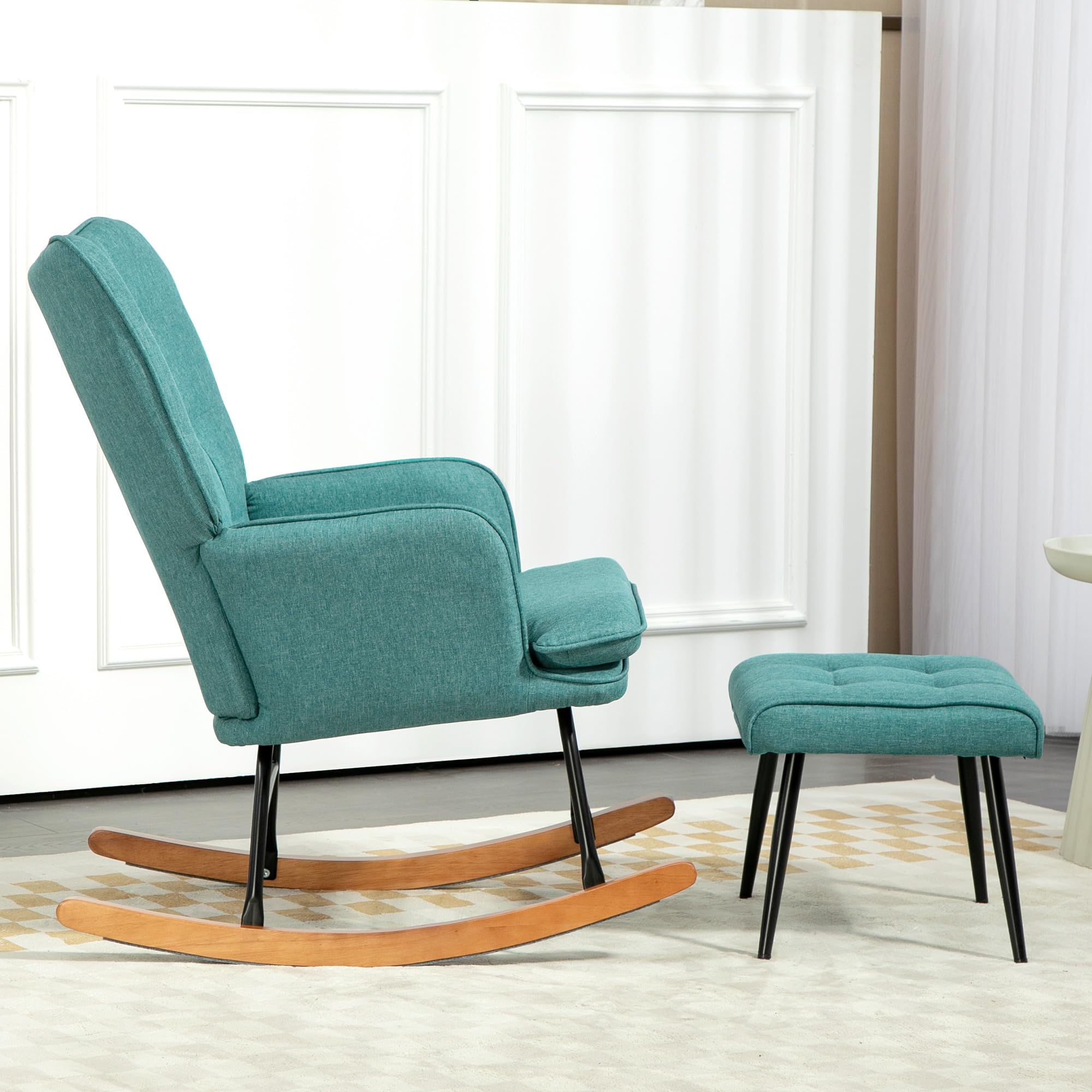 HOMCOM Silla Mecedora con Reposapiés, Sillón de Relax, con Cojín Acolchado, Respaldo Alto, Reposabrazos y Patas de Madera, Carga 130 kg, para Salón, Dormitorio, Verde Azulado