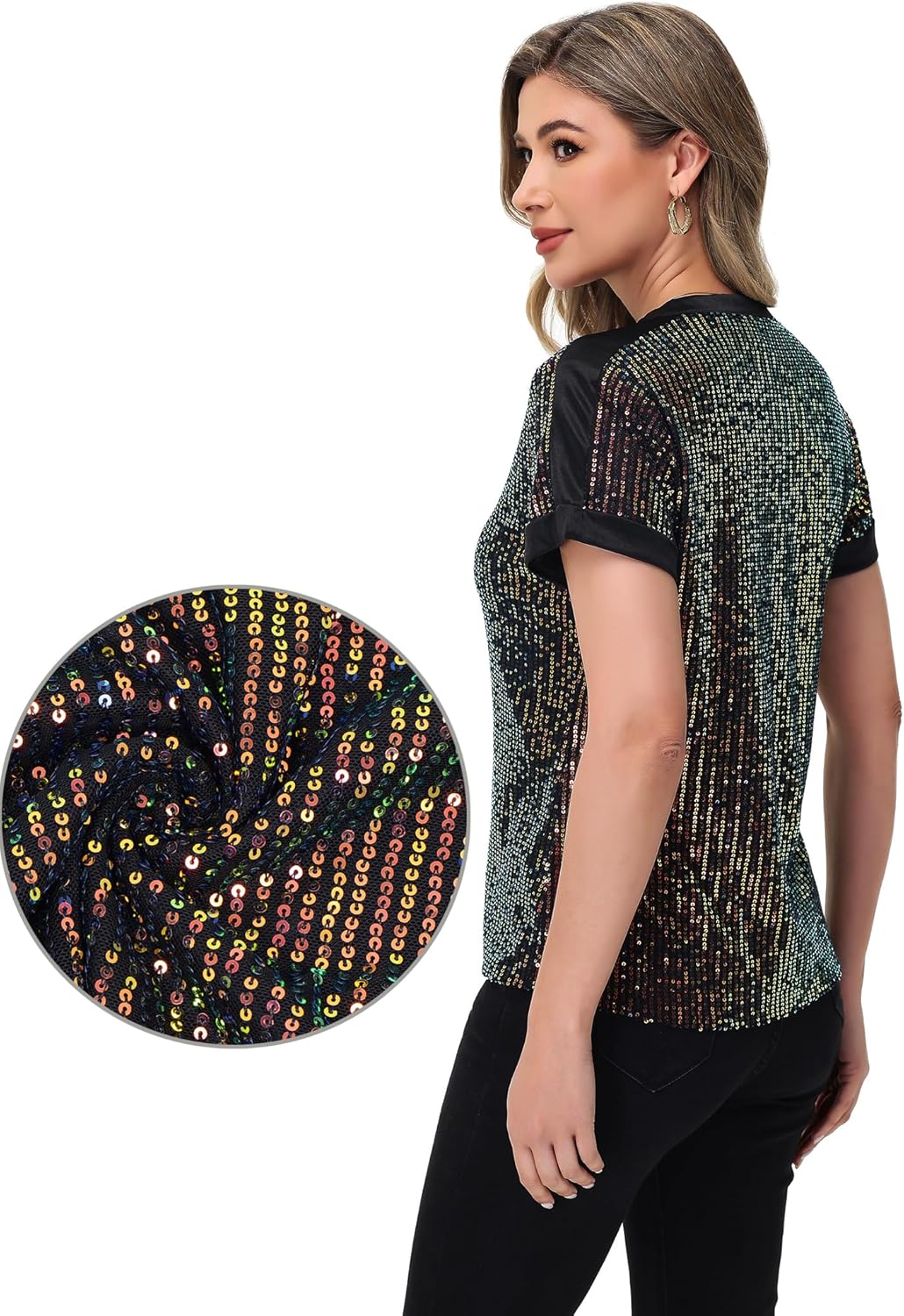 Anna-Kaci Women's Sequin Top Shirt Short Sleeve with Satin V Neckline Glitter Party Tunic Blouse - Image 5