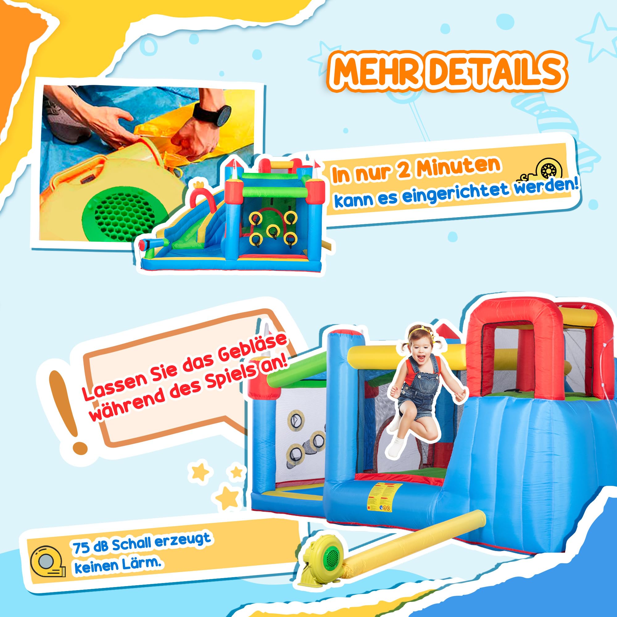 Outsunny Hüpfburg mit Gebläse für Kinder aufblasbare 6 in 1 Wasserpark mit Wasserrutsche Planschbecken Kletterwand Trampolin Wasserpistole für Indoor Outdoor Geschenk Geburtstag für 3 Kinder 3–8 Jahre