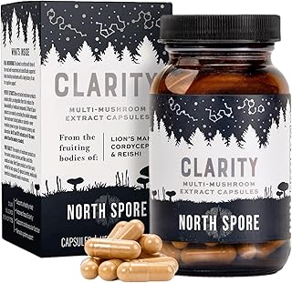 North Spore Organic Clarity Mushroom Extract Capsules | Lions Mane, Reishi, Cordyceps Supplement | Boost Focus, Memory, Vitality, Cognitive Function | Pure Organic Extract Blend - 120ct