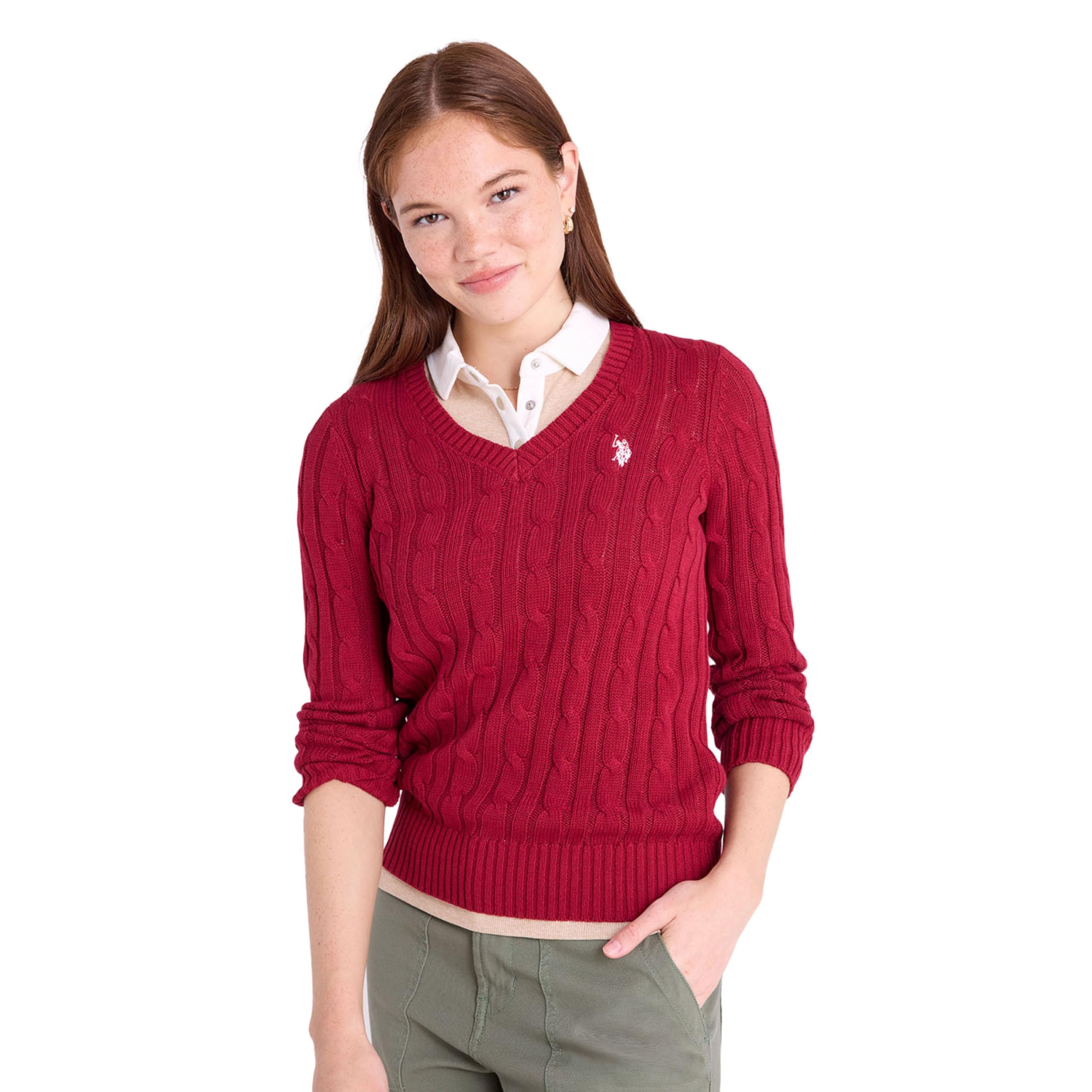 Women's Cable Sweater - Soft Knit, Embroidered Pony Logo, Ribbed Trims, Casual Cozy Pullover