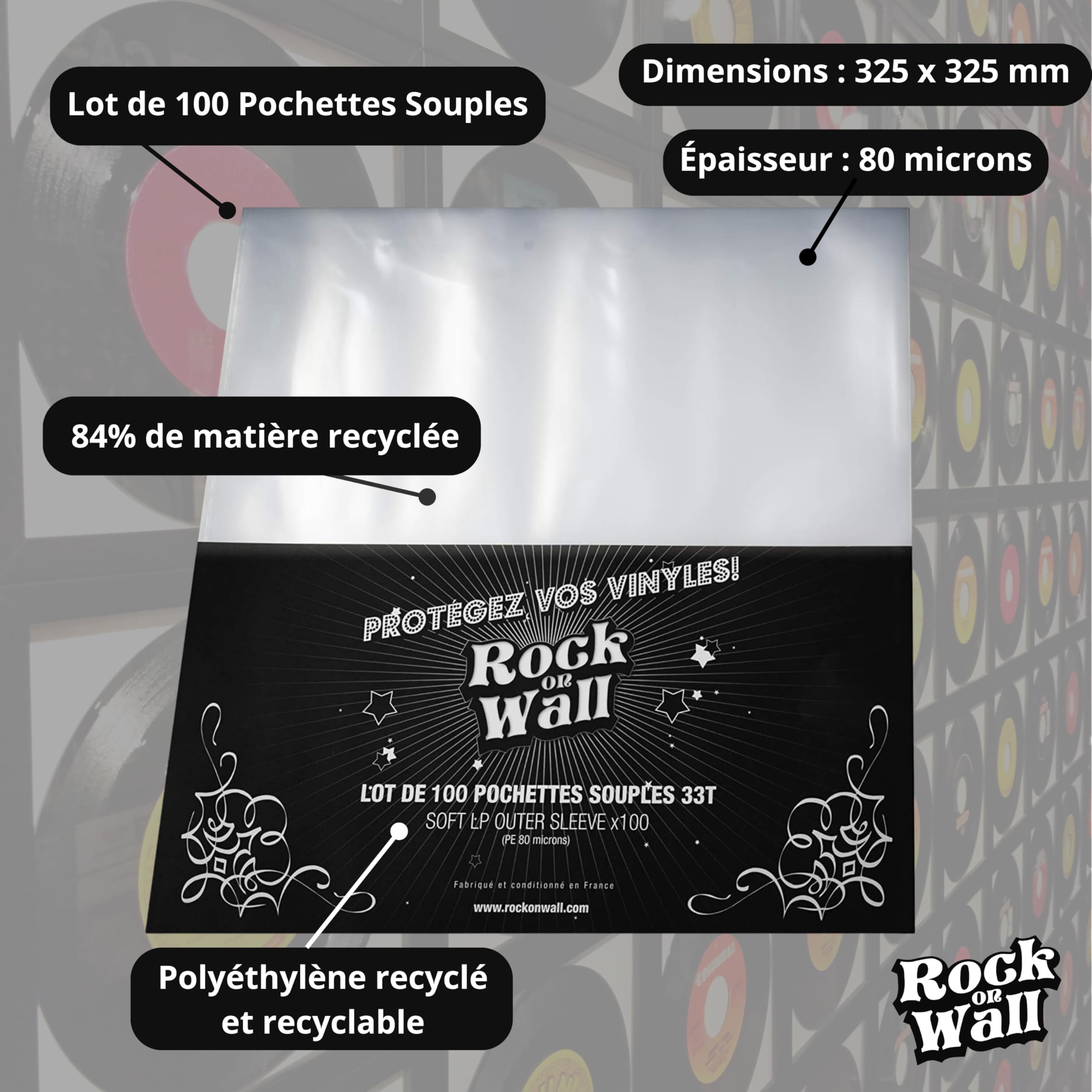 Rock On Wall - Pochettes vinyle 33 tours – Lot de 100 – Polyéthylène recyclé 80 microns – Protection anti-poussière, humidité et frottements – Fabrication française