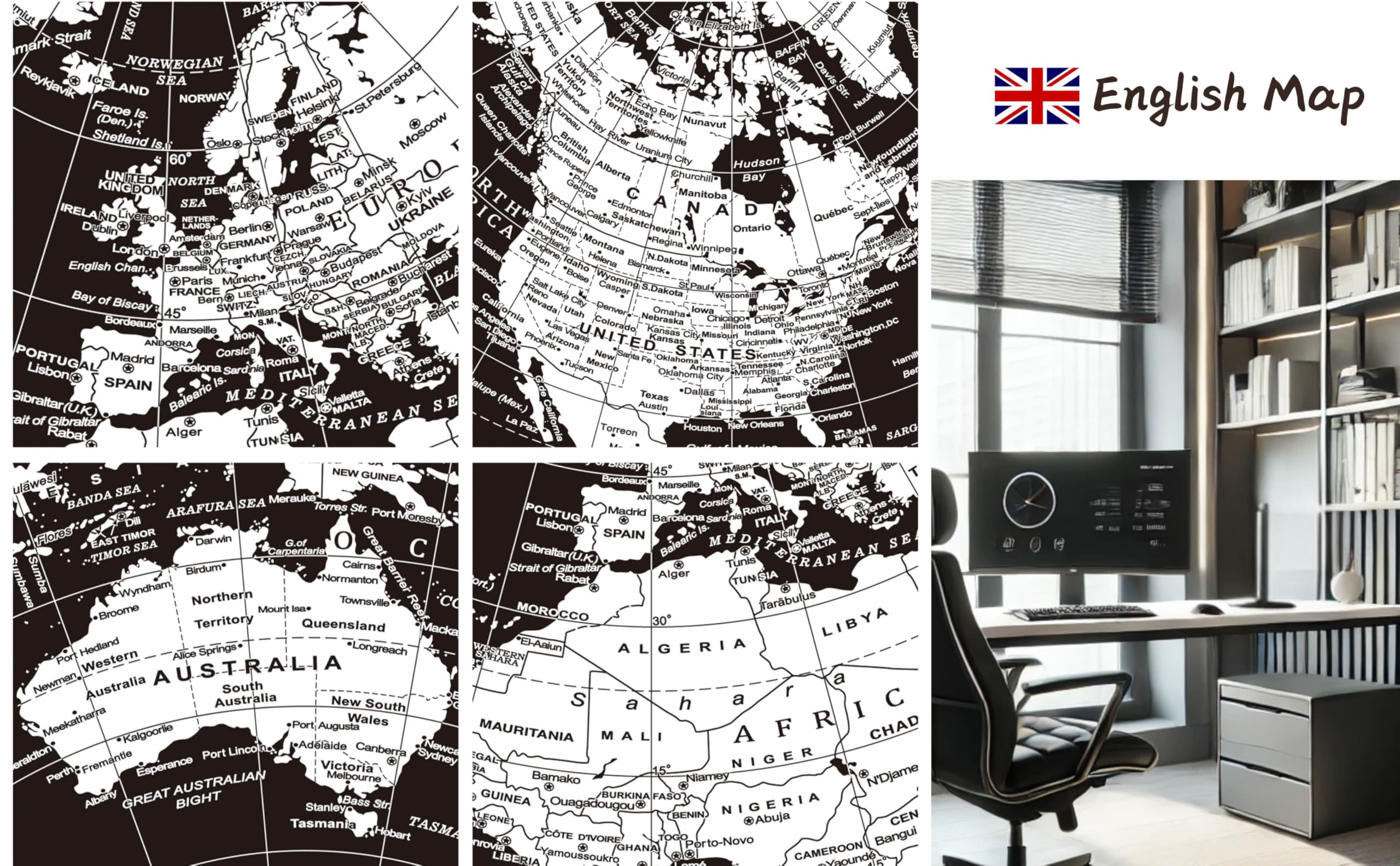 Exerz 20cm World Globe With a Metal Base – Educational/Geographic/Modern Desktop Decoration - Metallic Black (20cm diameter)