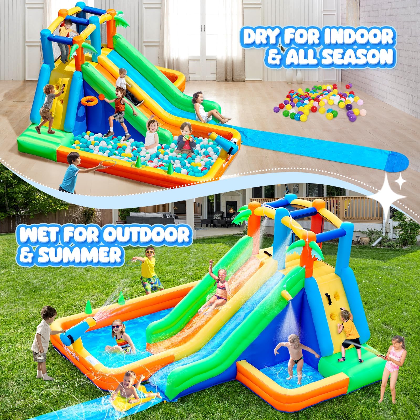 Hüpfburg Kinder mit Wasserrutsche und Gebläse, Hüpfburg mit Verlängerter Spritzender Wasserrutsche, Wasserpark Kinder mit 2 Wasserbecken und Wasserkanone für Indoor, Outdoor