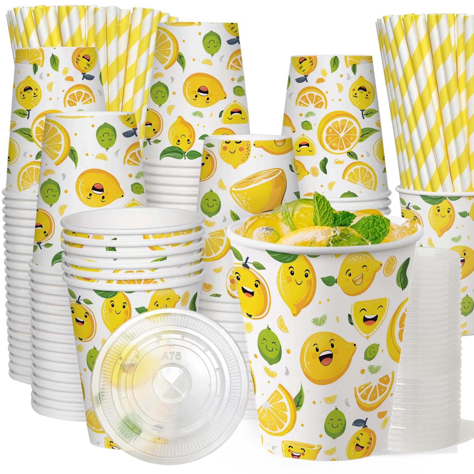Limonadenbecher mit Deckel und Trinkhalm, Limonadenständer, Zitronenmuster, Sommerkaltgetränke, Einweg-Fruchtsaft-, Kaffee-Pappbecher, Party- und Outdoor-Zubehör, 300 Stück, 300 Stück