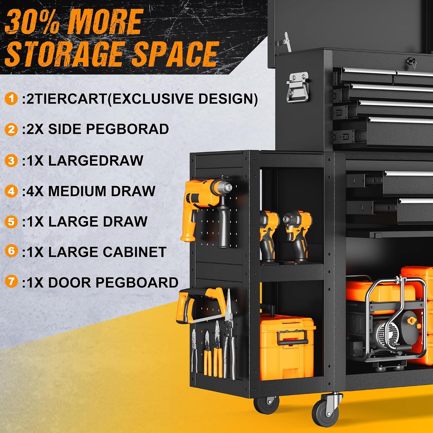 8-Drawer Tool Chest, Exclusive 3-in-1 Mechanic Rolling Tool Box Combo with Removable 4-Tire Utility Cart, Locking Mechanic Tool Cart with Liner for Warehouse, Garage, Workshop, Black