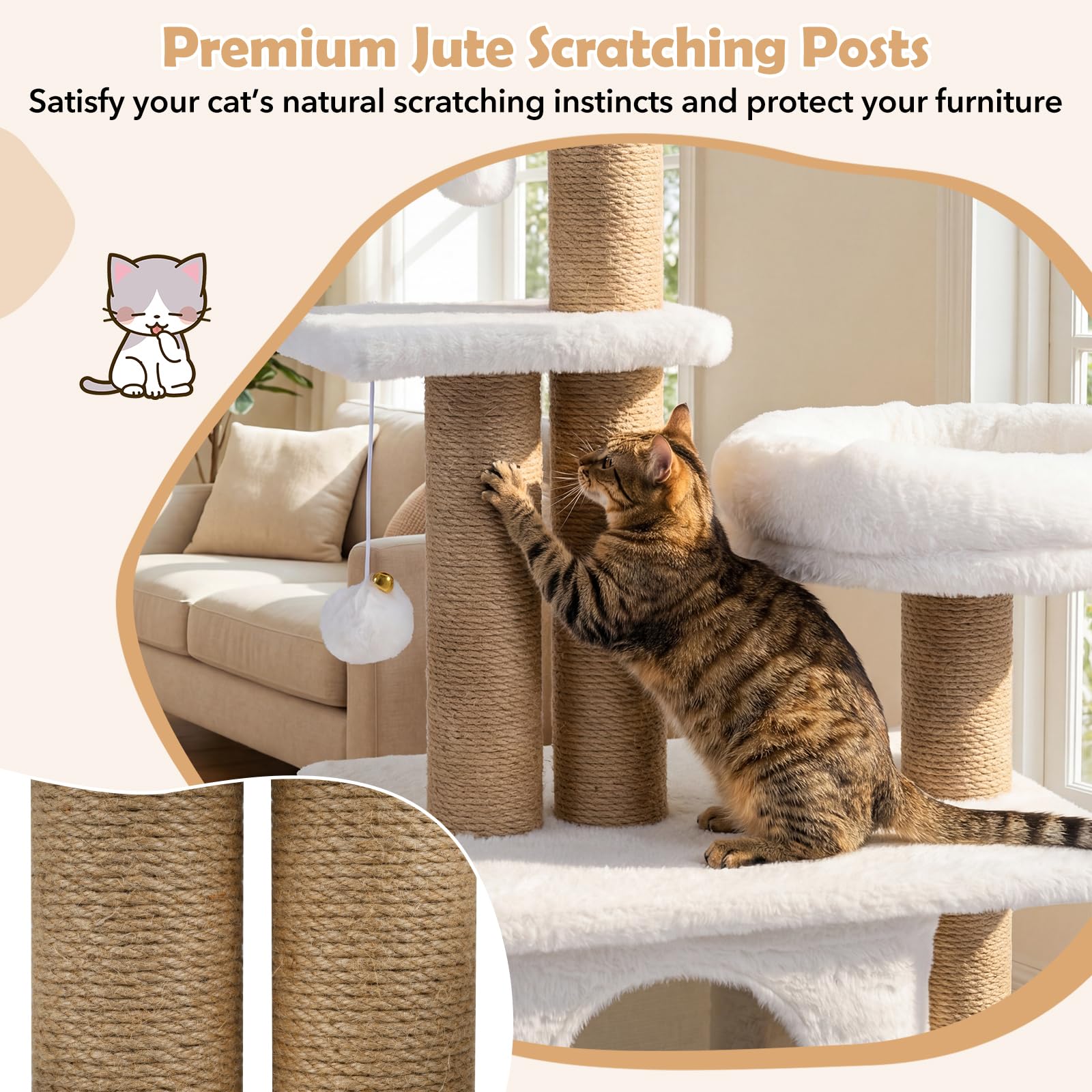 FANTASK 96 cm Katzenkratzbaum mit Katzenhöhle, Plattform, Katzenbett, 2 Spielbällen & Jute-Stämmen, Stabiler Kletterbaum für Katzen (Beige)