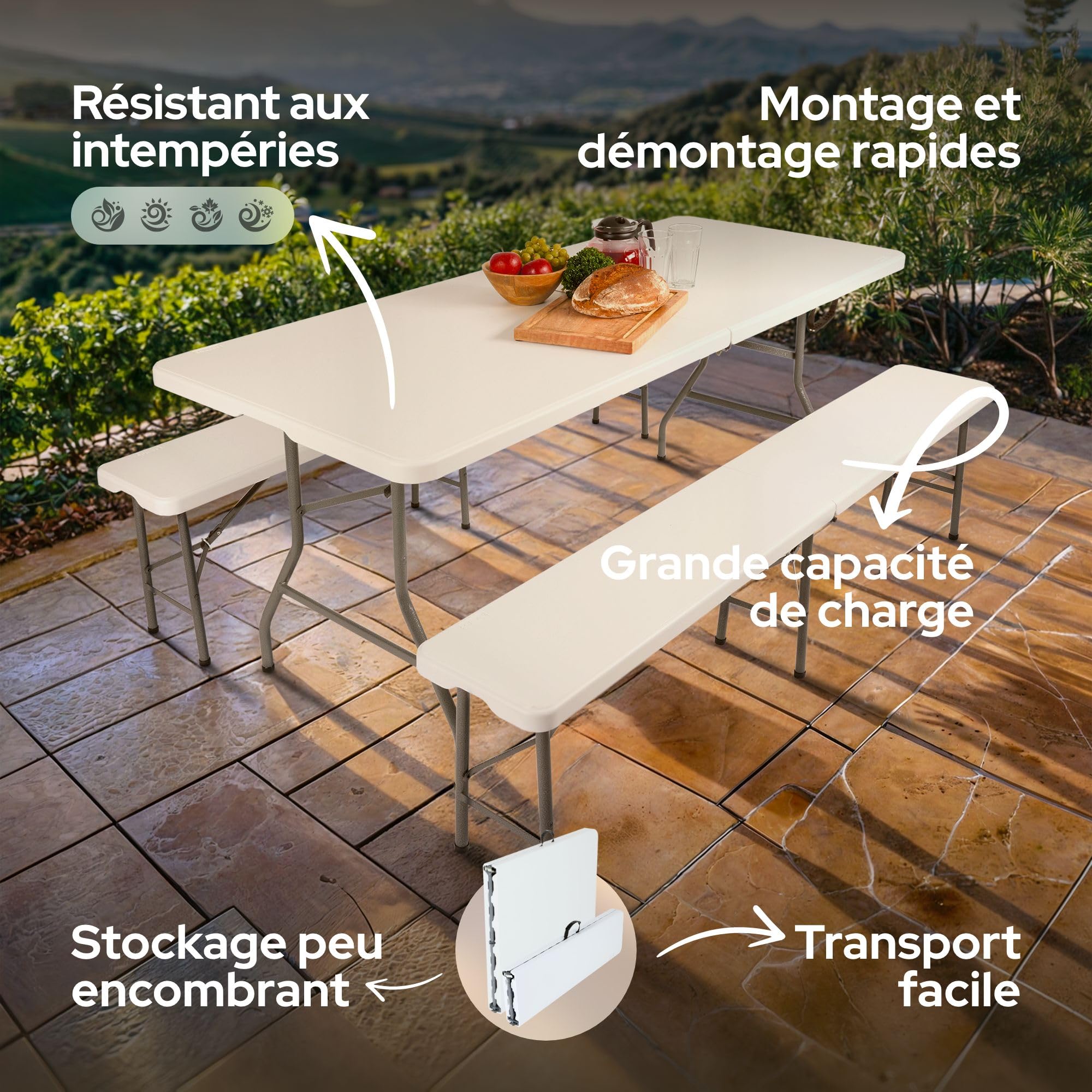 AREBOS Ensemble Table et bancs de Brasserie 3 pièces | Pliables avec poignée | pour intérieur et extérieur | Table de Camping | Blanc