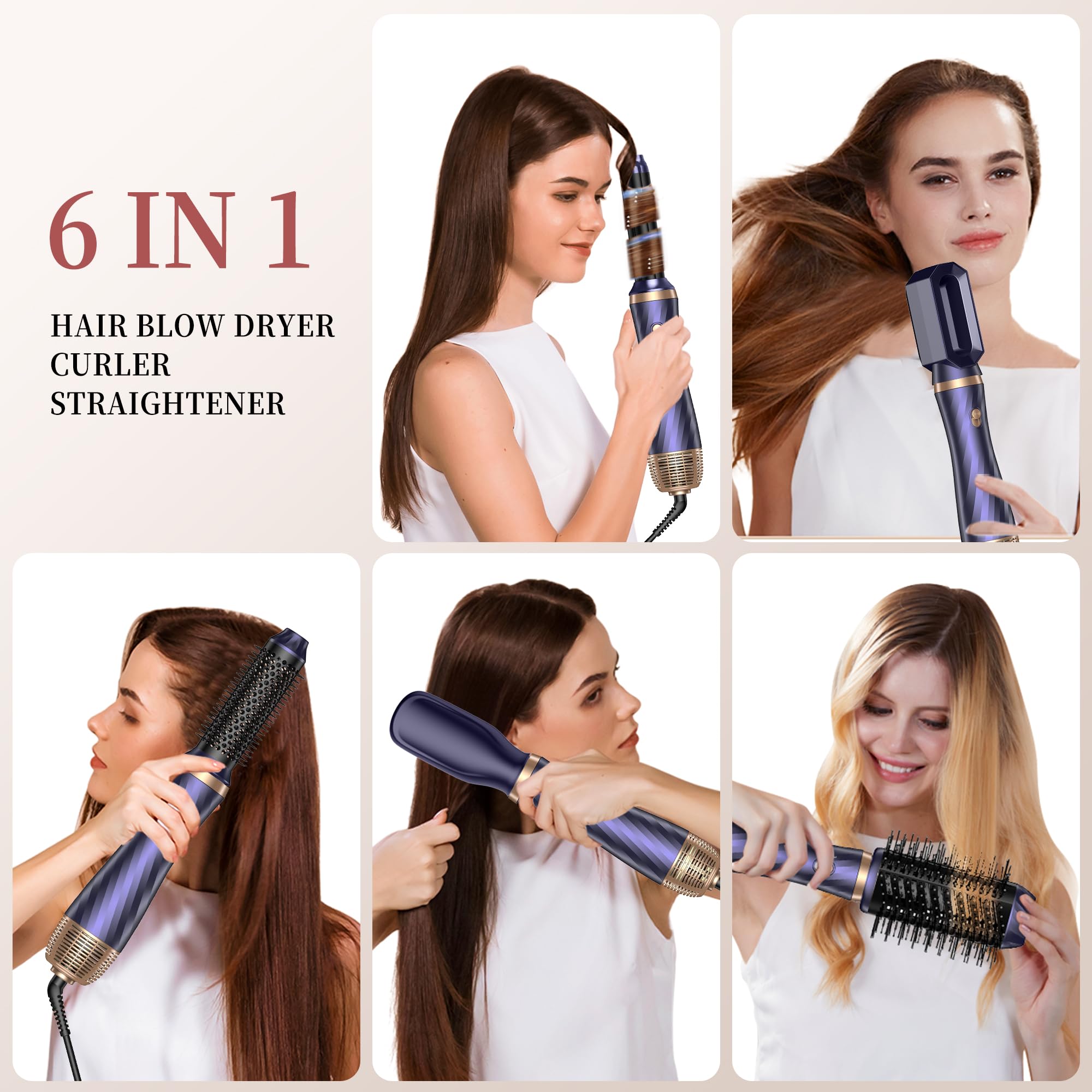 Air Styler Set 6 en 1, OKWRAP Secador 6 en 1,Cepillo de Aire Set 6 Cabezales Intercambiables 3 Temperaturas Cepillo Moldeador De Pelo Cepillo Secador Pelo With Riza, Da Volumen, Alisa y Seca