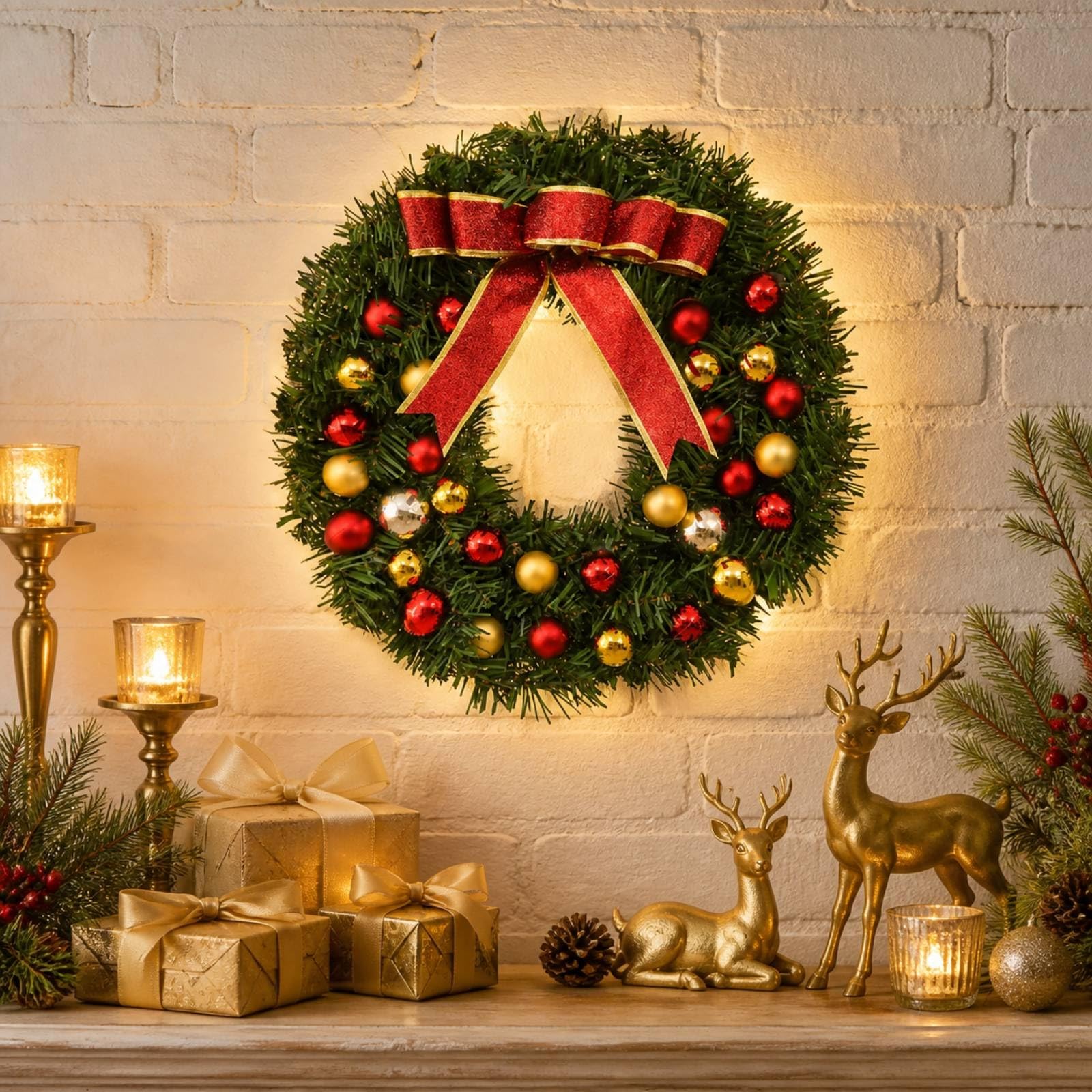 Ghirlanda Natalizia con Nastro Rosso Glitterato e Palline Fitto Ghirlanda di Natale in PVC con Struttura in Ferro Lusreggiante per Vetrina Negozio, 60CM