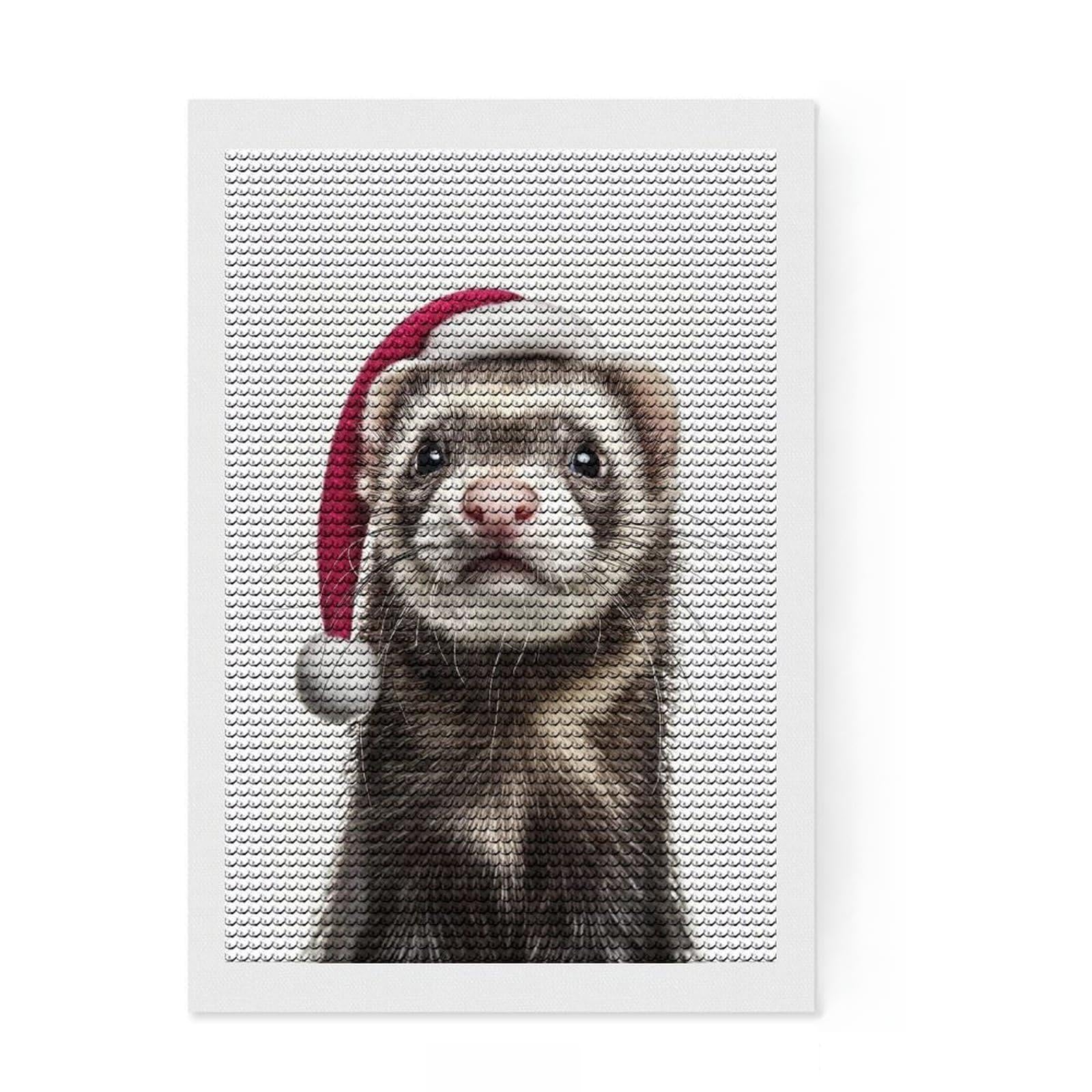 Junmoney Festive Ferret Portrait Diamond Painting Set 8"x12", Decorate Your Room, Neat Printed Canvas, Easy Handmade Project, Farmhouse Decor