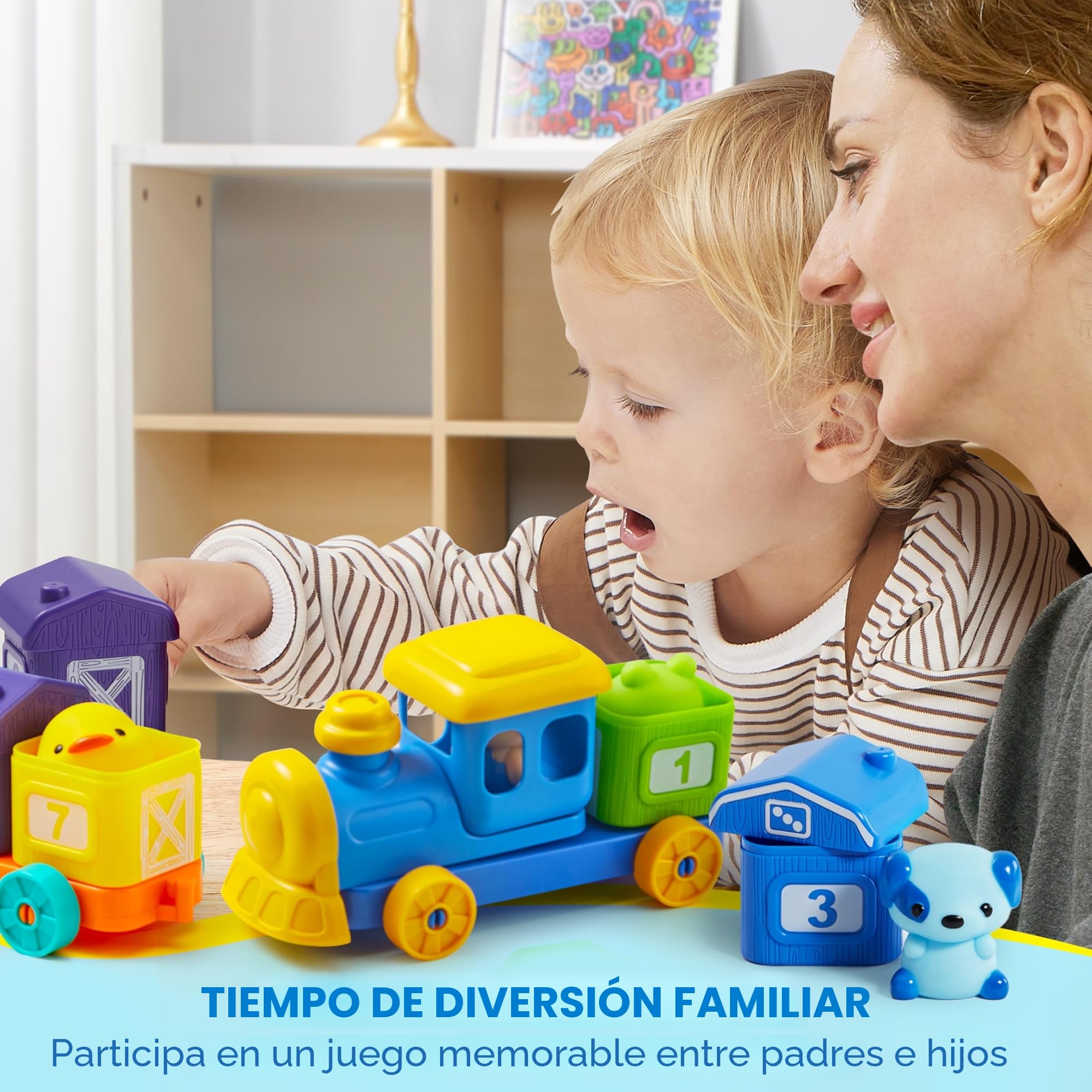 Play-Act Montessori Tren de Granja para Contar, Combinar y Clasificar, Incluye 9 Animales Granja y 1 Granjero, Aprendizaje para Niños 1-3 Años