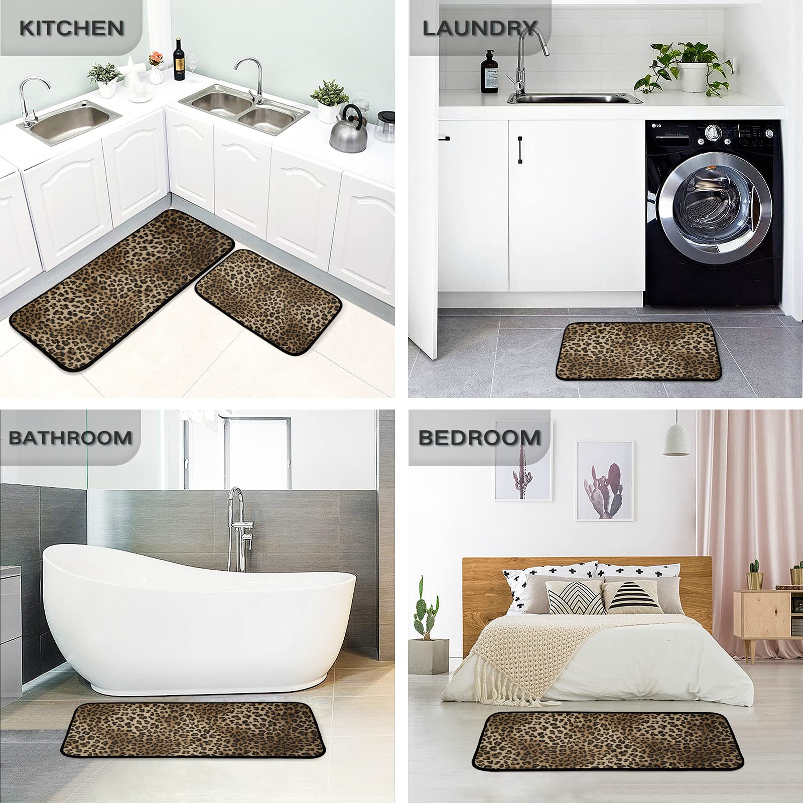 Juego De 2 Alfombrillas De Cocina Antideslizantes 50x80+50x160 Cm - Microfibra Suave, Base De Goma, Estampado Leopardo