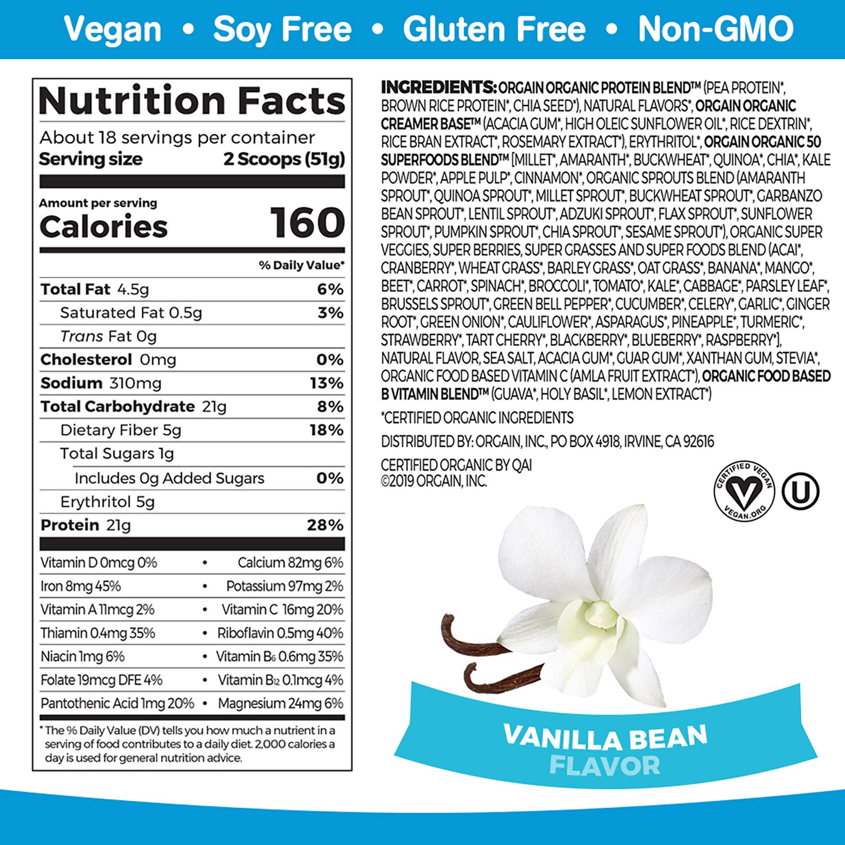 Orgain Organic Protein + Superfoods Powder, Vanilla Bean (2.02lb) and Orgain Organic Kids Nutritional Protein Shake, Vanilla (Pack of 12)
