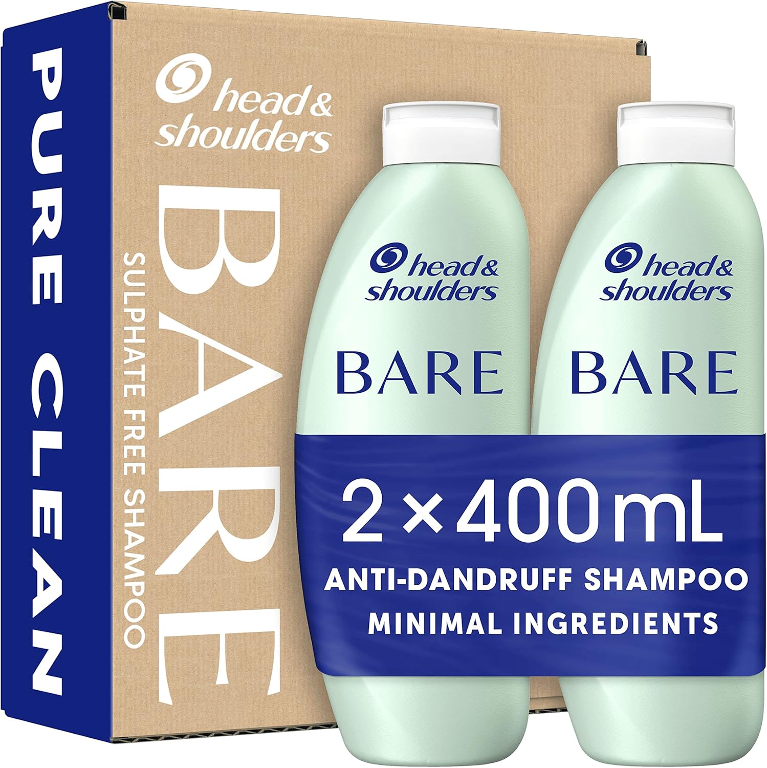 Head & Shoulders Anti dandruff Shampoo, Pure Clean, Sulphate free, 2 x 400 ml, Duo Pack. Bare