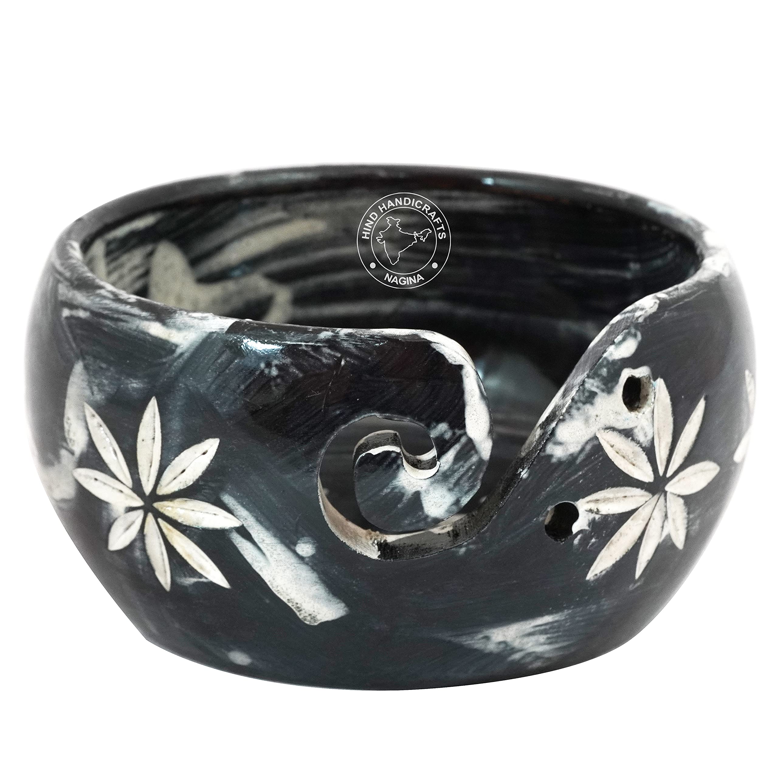 Premium Solid Dark HardWood Crafted Wooden Portable Antique Yarn Bowl Holder for Knitting Crochet - Christmas Gift Set | Hind Handicrafts (6" x 6" x 3", Blackwashed)